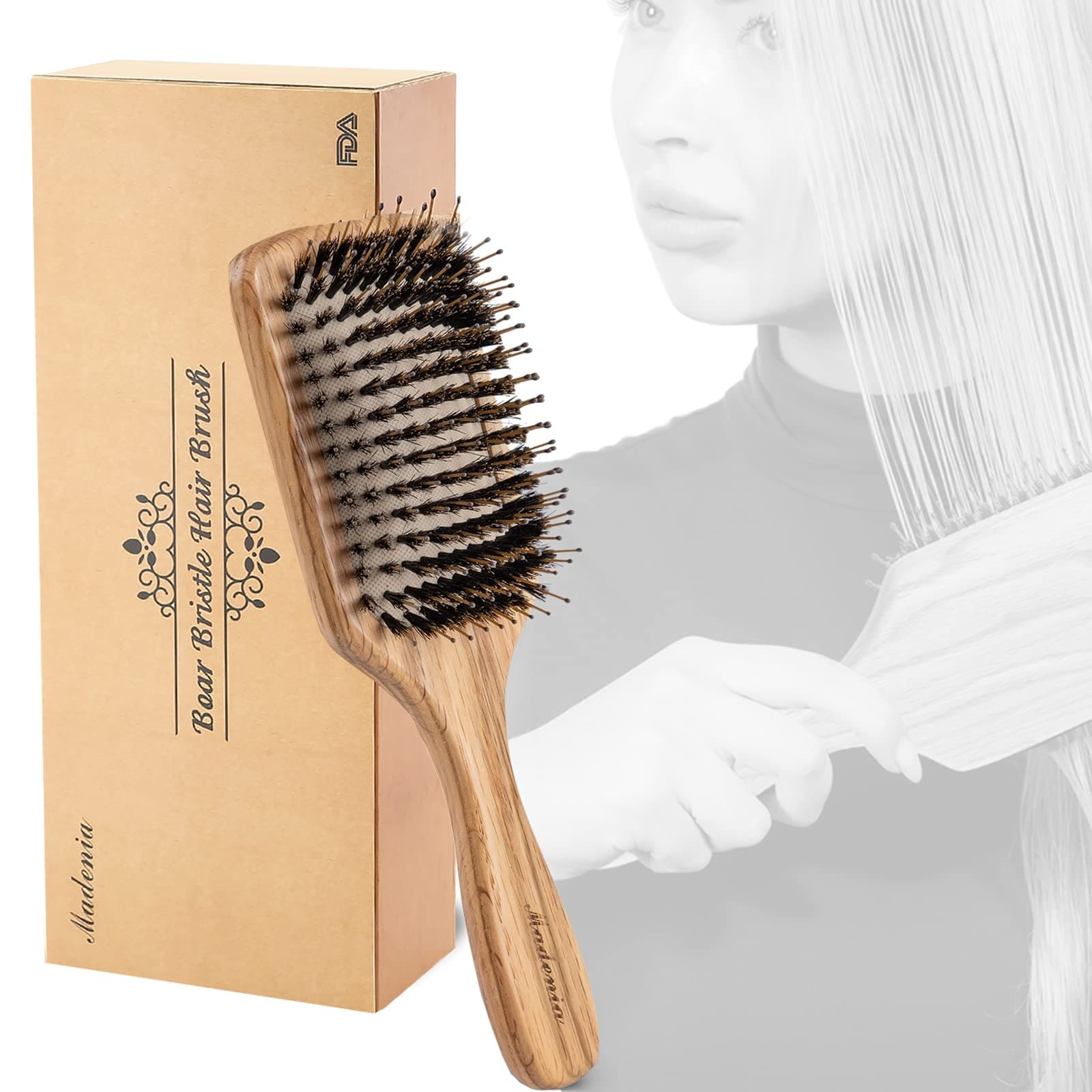 Paddle Brush, Boar Bristle Wooden Hair Brush for Women Men and Kids, Making Hair Smooth, Massaging Scalp, Packed in a Wooden Gift Box