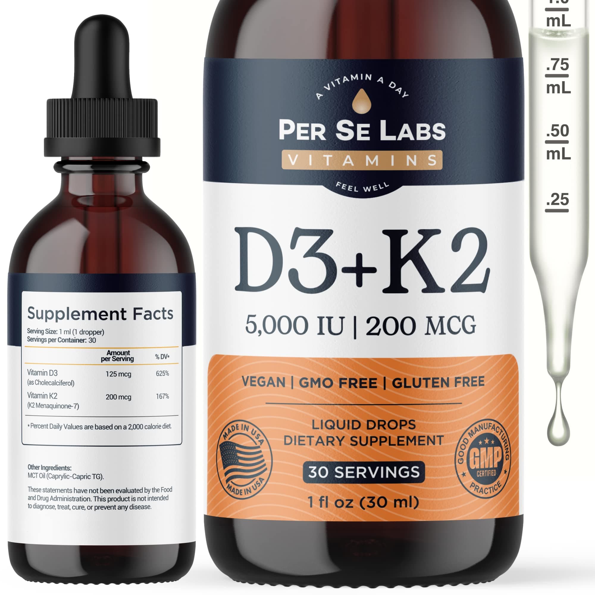 Vitamin D3 K2 Liquid Drops D3 5,000 IU + K2 MK-7 200mcg Max Absorption Immune Support for Kids and Adults | Vegan | Non-GMO | Gluten, Dairy, Soy Alcohol Free | 1 Oz