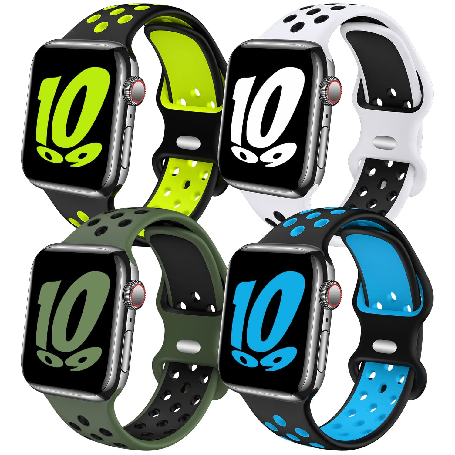 4 Pack Sport Bands Compatible with Apple Watch Band 38mm 40mm 41mm 42mm 44mm 45mm 49mm for Men Women, Soft Silicone Strap Breathable Replacement Band for iWatch Series 8 7 6 5 4 3 2 1 SE/Ultra, Nike+