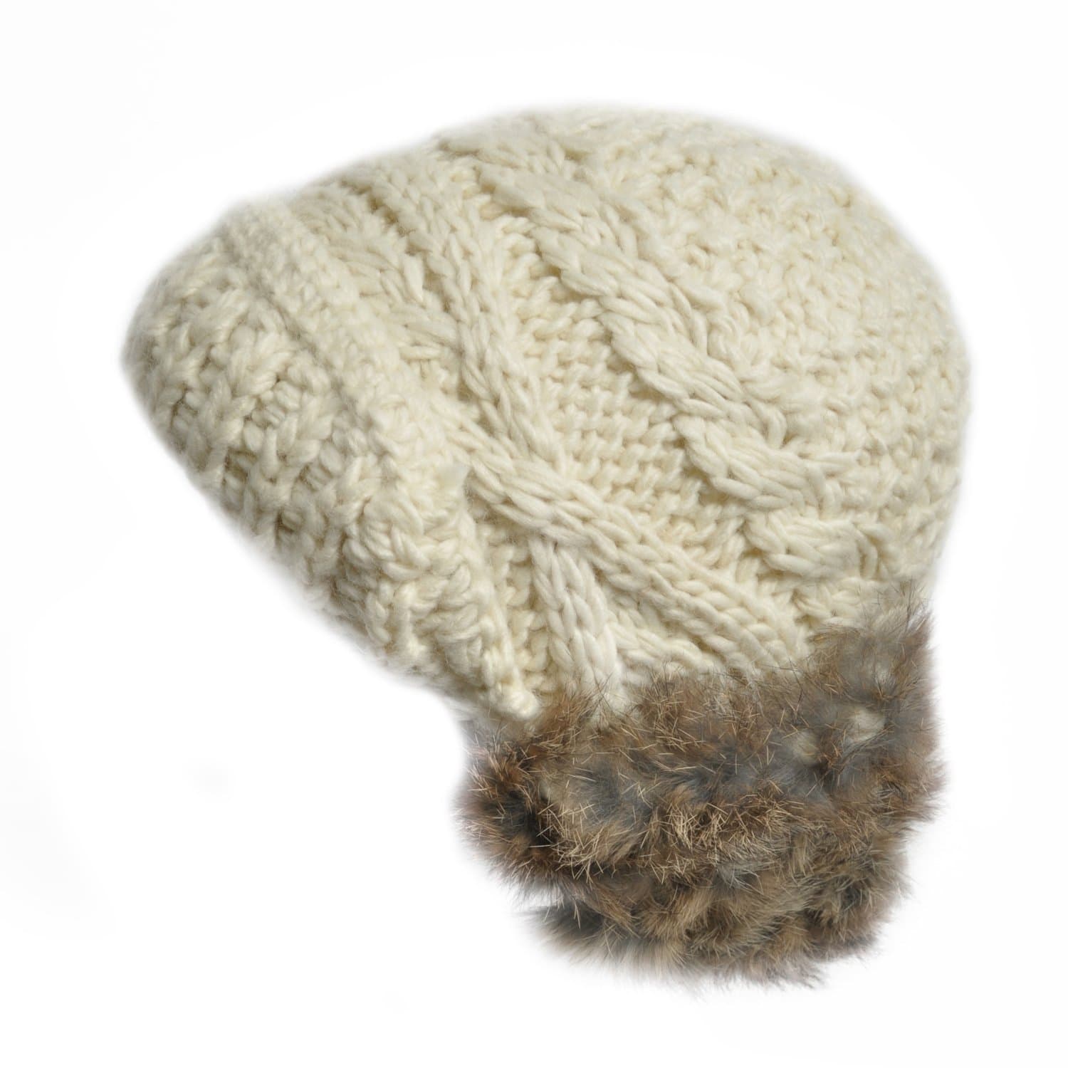 GP Accessories Girl's Rabbit Fur Ear Muffs Hand Knit Beanie Hat Small White