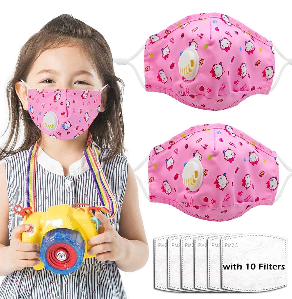 atokiss2 Pack kids Reusable Washable Facial Cotton Covering with Breathing Valve, Adjustable Ear Loops with 10 Pcs Filters for Children Kids