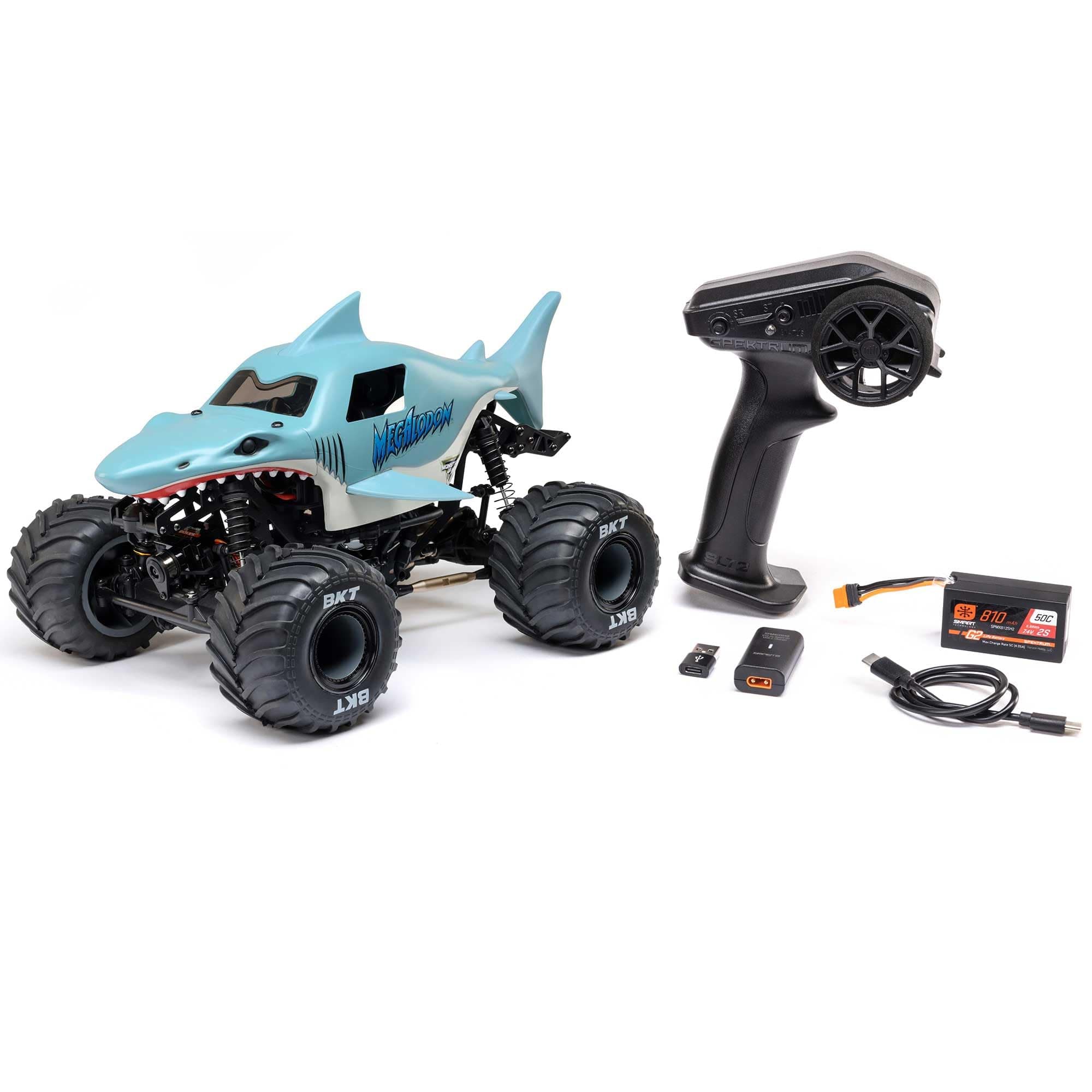 Losi 1/18 Mini LMT Megalodon 2S 4X4 RTR Brushed Monster Truck Battery & Charger Included Blue LOS01026T3