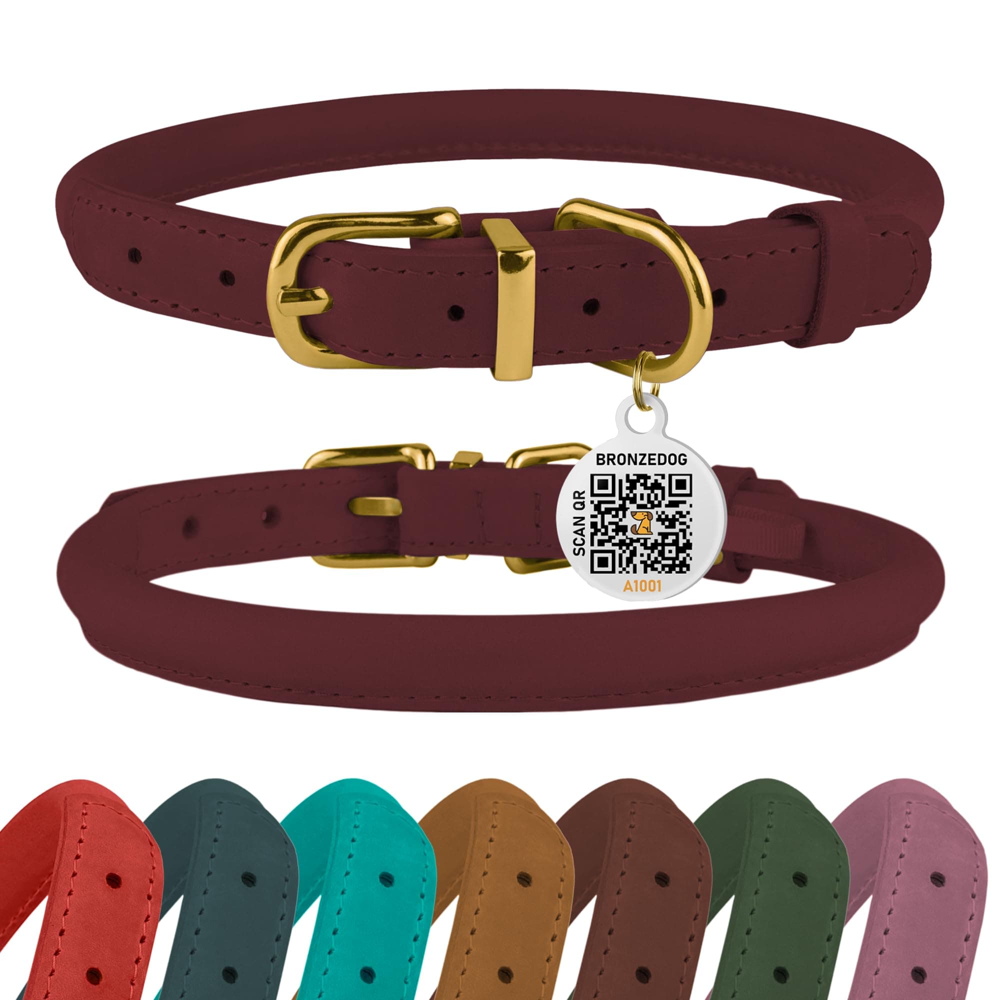 BRONZEDOGRolled Leather Dog Collar with QR ID Tag, Adjustable Soft Round Collars for Small Medium Large Dogs Puppy (7" - 10" Neck Size, Burgundy)