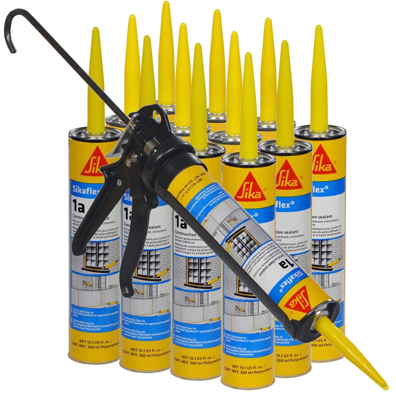 Sikaflex 1a Kit - One Component, Flexible, Non Sag, Polyurethane Concrete and Masonry Sealant for Vertical and Horizontal Surfaces, AWF PRO Caulk Gun, Sikaflex 1a 10 oz (Limestone, Pack of 12)