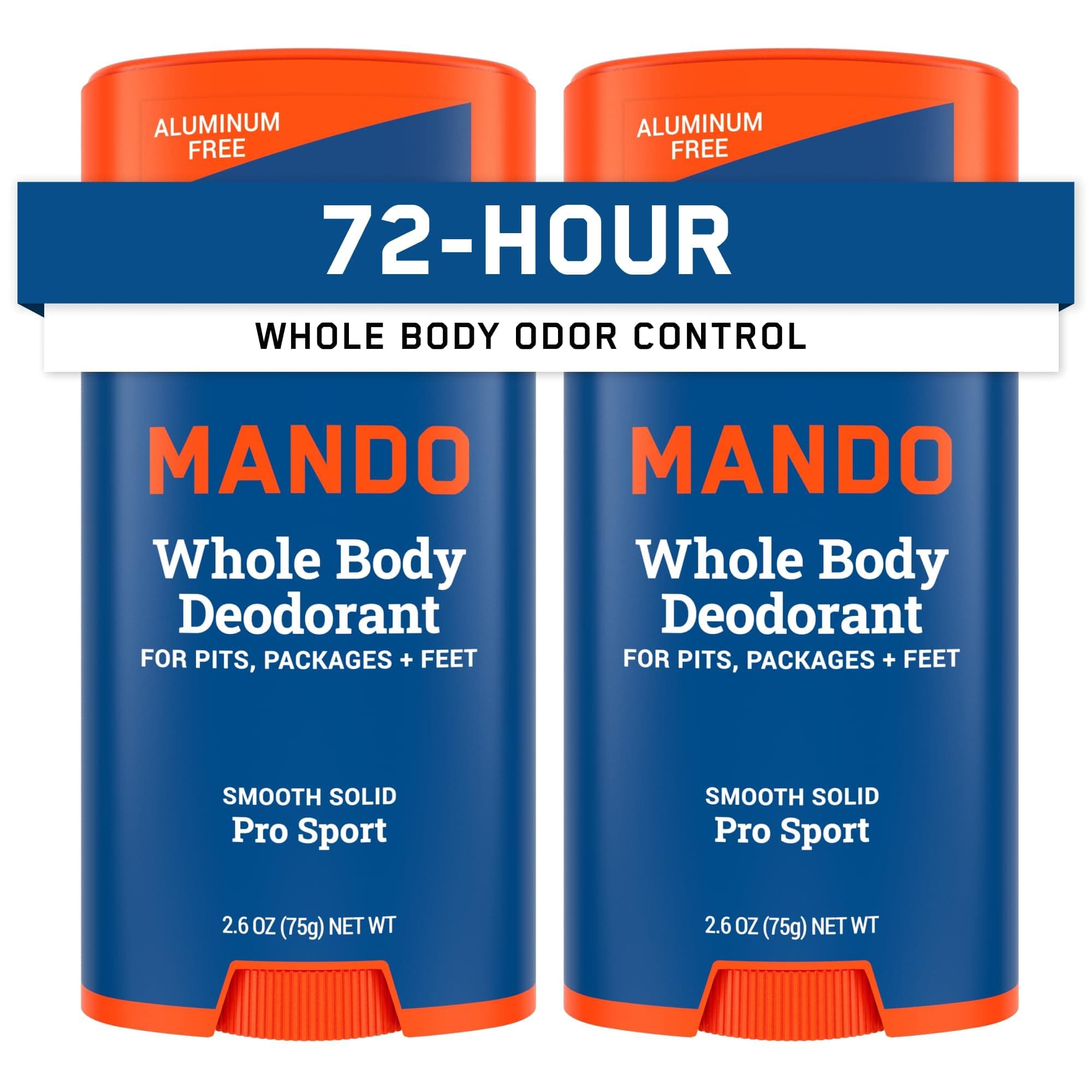 Mando Whole Body Deodorant For Men - Smooth Solid Stick - 72 Hour Odor Control - Aluminum Free, Baking Soda Free, Skin Safe - 2.6 ounce (Pack of 2) - Pro Sport