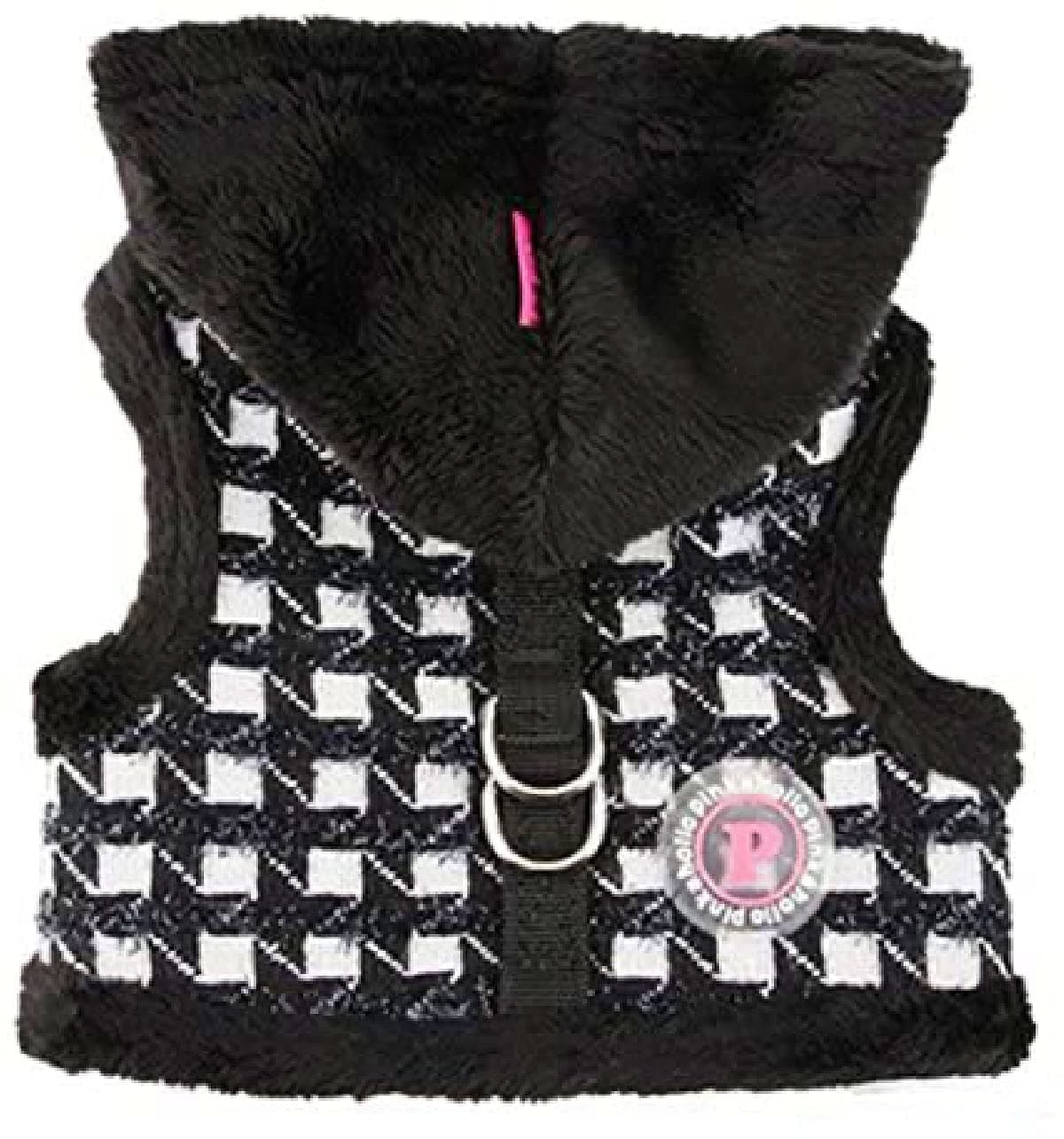 Cosmo Pinka Black Metallic Houndstooth Hoodie Harness Vest with Bags Set- Dog Sizes S Thru L (Small- Chest 10-12”, Neck 8.5”, Black)