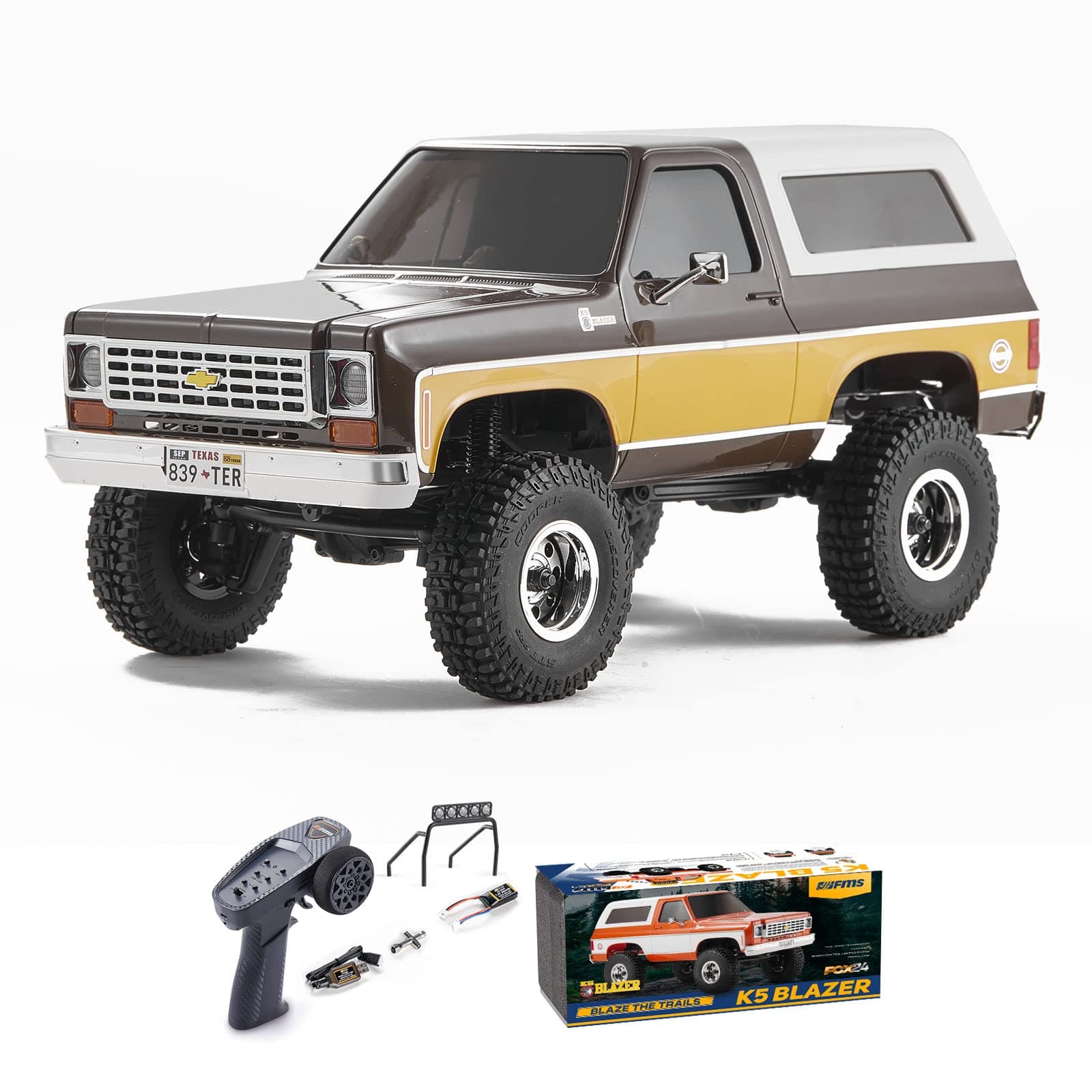 WOWRC FMS 1/24 RC Crawler FCX24 Chevy K5 Blazer Officially Licensed, Mini RC Car Pick Up Truck & SUV 2 in 1, 4WD 8km/h 2 Speeds Switch, 2.4GHz 3CH Off-Road RC Model with LED Lights for Adults, Brown