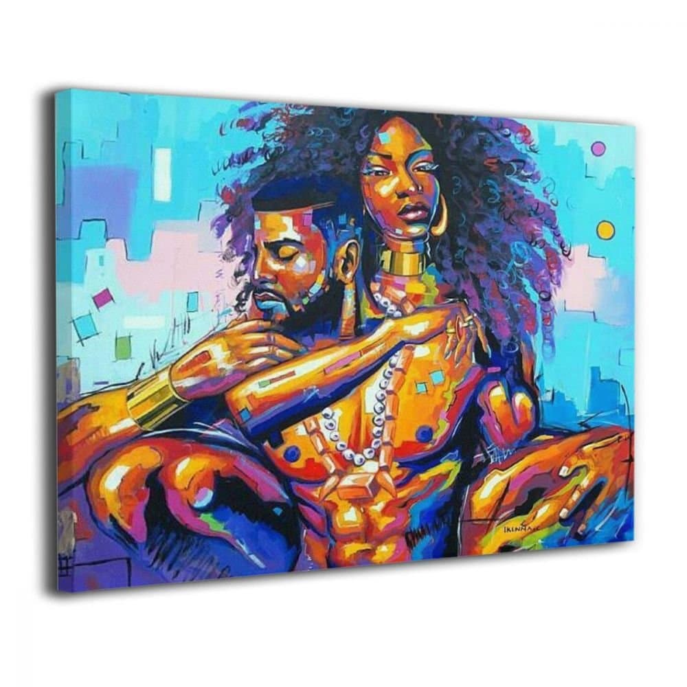 Okoart Canvas Wall Art Prints African American Lovers Couple Photo Paintings Contemporary Decorative Artwork for Living Room Wall Decor and Home Decor Framed Ready to Hang 16x20inch