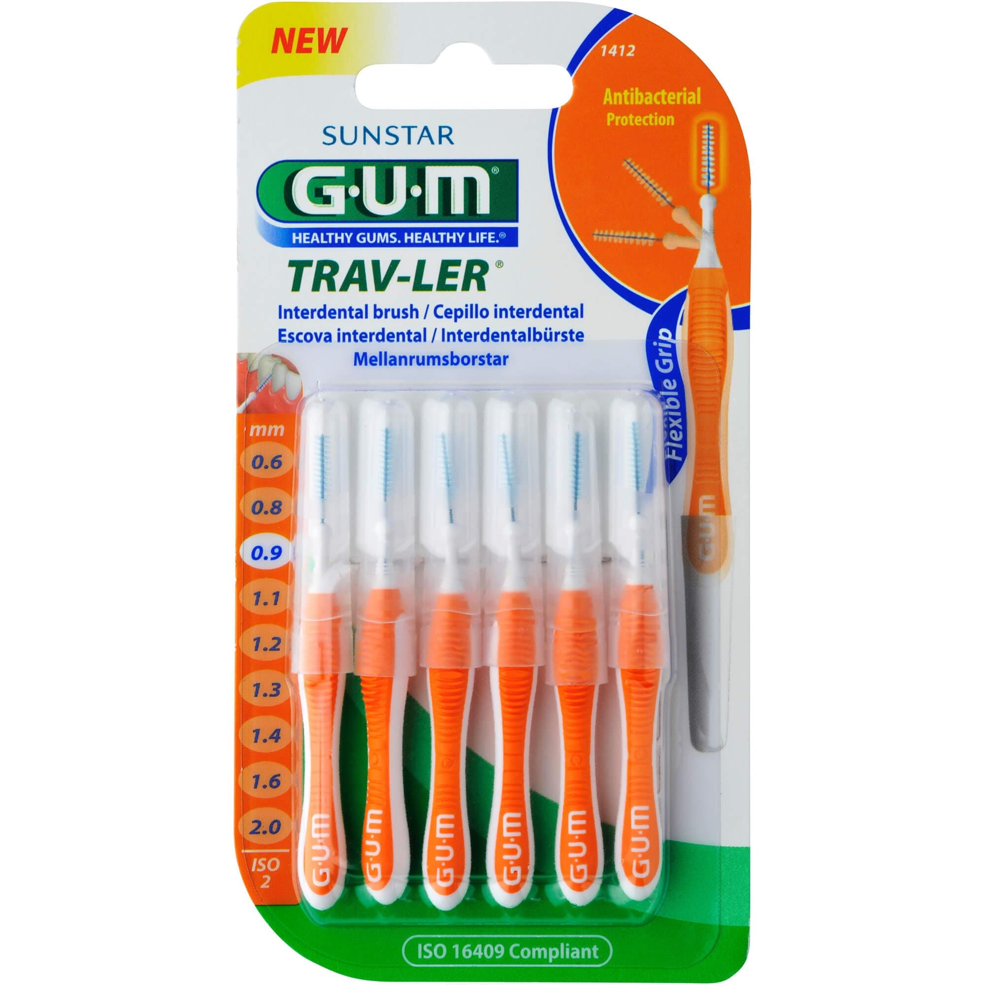 Gum Trav-Ler Plaque Removal - Interdental Brush -Orange- Ergonomic Comfort Flexible Handle - Removes upto 25% more plaque - Wire is Coated - Anti Bacterial Protection Bristles - Use Gently - 6 pcs