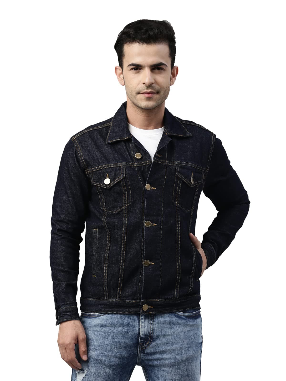 Cinocci Men's Blue Solid Cotton Jacket (CIN1028)