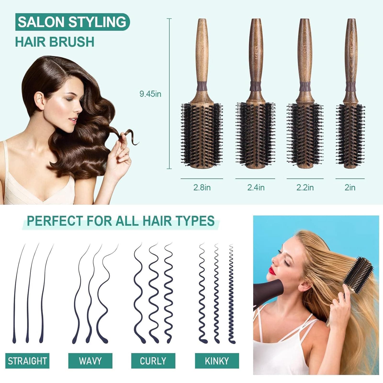 Round Hair Brush for Women or Men Quick Blow Drying, Boar Bristle Large Round Hairbrush for Hair Styling, Drying, Curling (2.8 Inch)