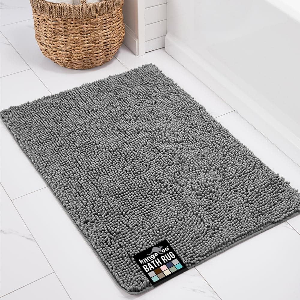 KANGAROO Bathroom Rugs, Chenille Soft Absorbent Bath Rug, Shaggy Shower Mat, Quick Dry Machine Wash Bathmat, Plush Carpet Mats for Tub, Bathtub and Room Home Decor Accessories, 24x17, Gray