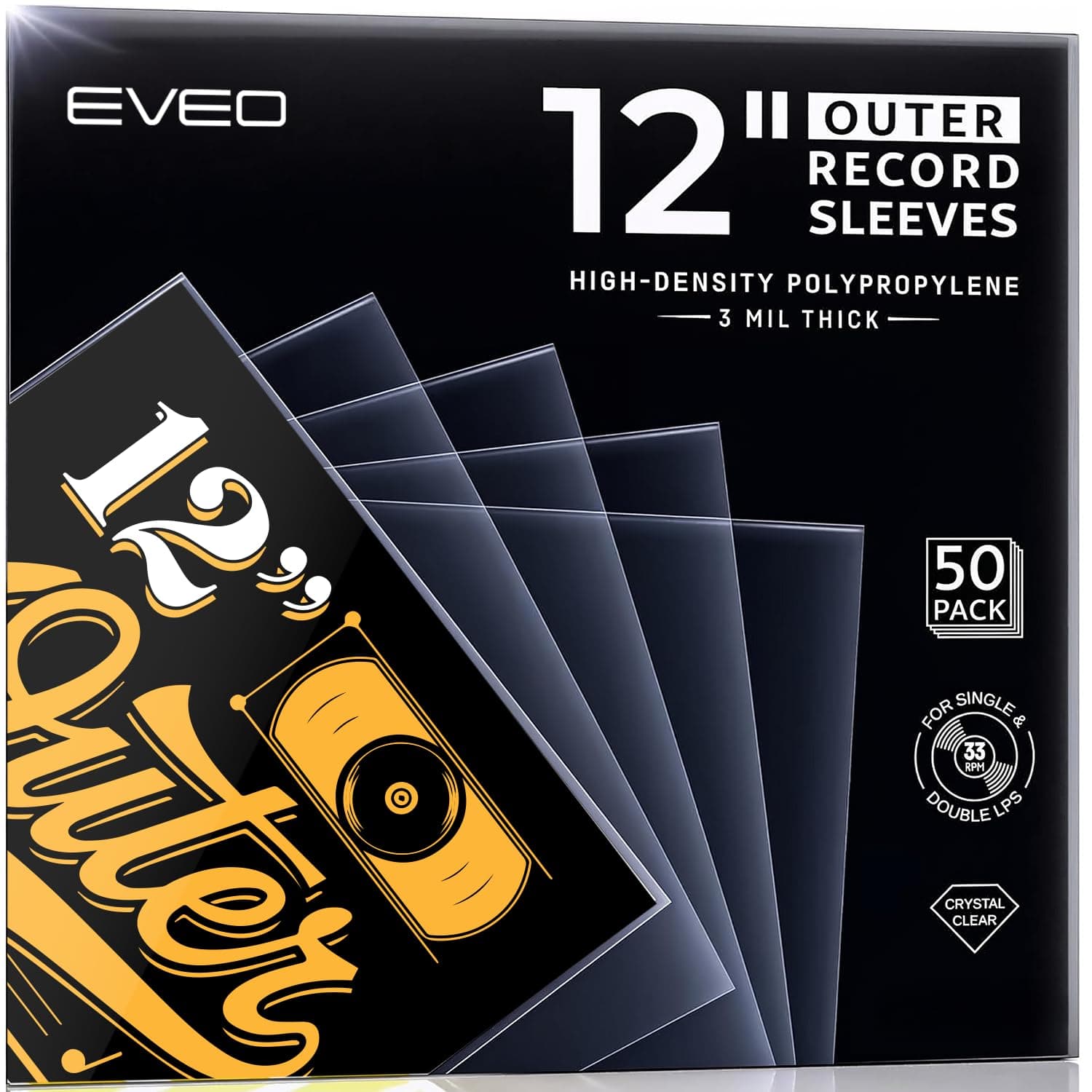 50 Vinyl Record Sleeves Outer – Crystal Clear Outer Vinyl Sleeves LP Album Covers 12.75"x12.75" | Perfect Fit Protective 3 Mil Protection for Single & Double LPs - Archival Quality