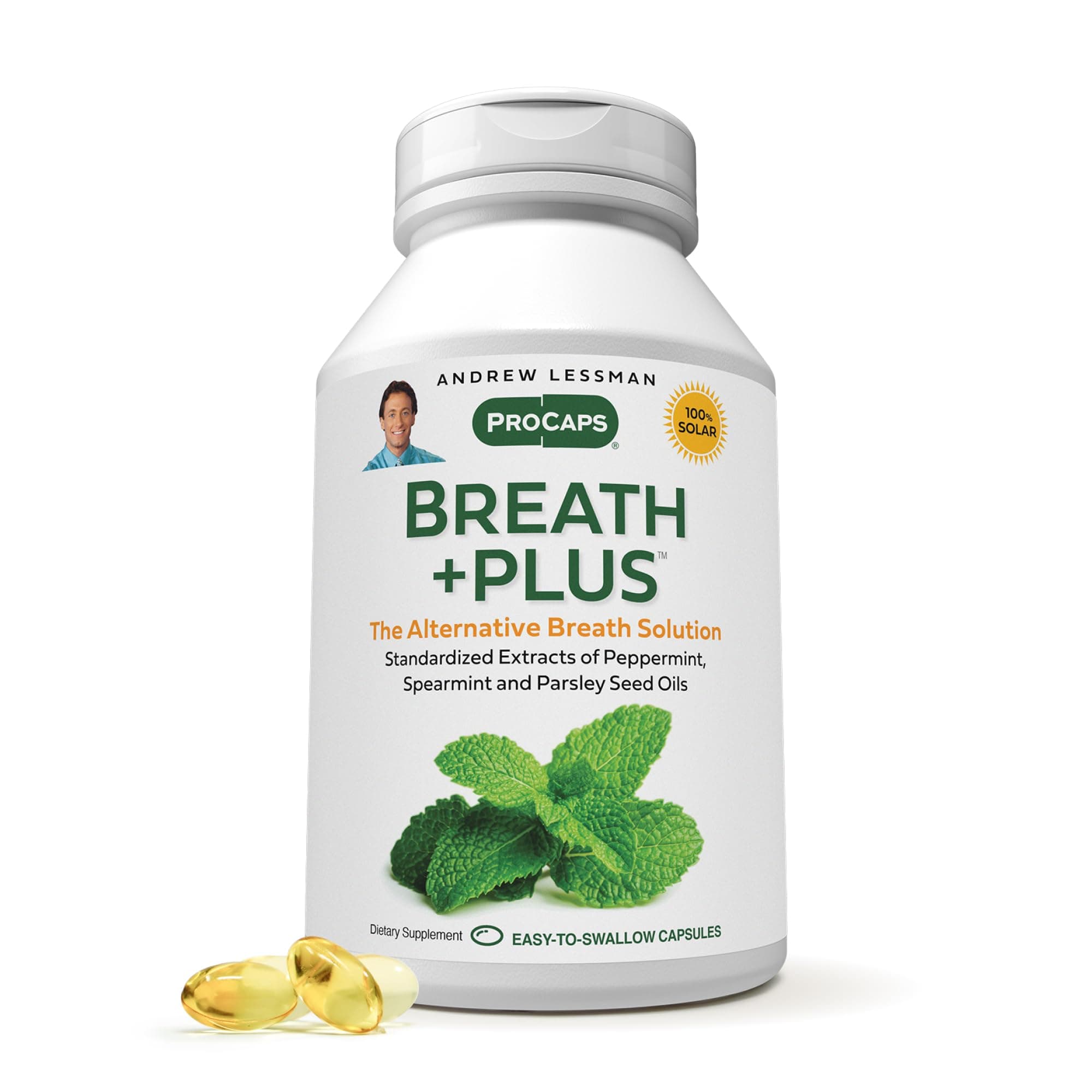ANDREW LESSMAN Breath Plus 60 Softgels - Natural Breath Freshener, Helps Eliminate Odors from Food, Smoking, Morning Breath from The Inside Out. Peppermint, Spearmint. Easy to Swallow Softgels