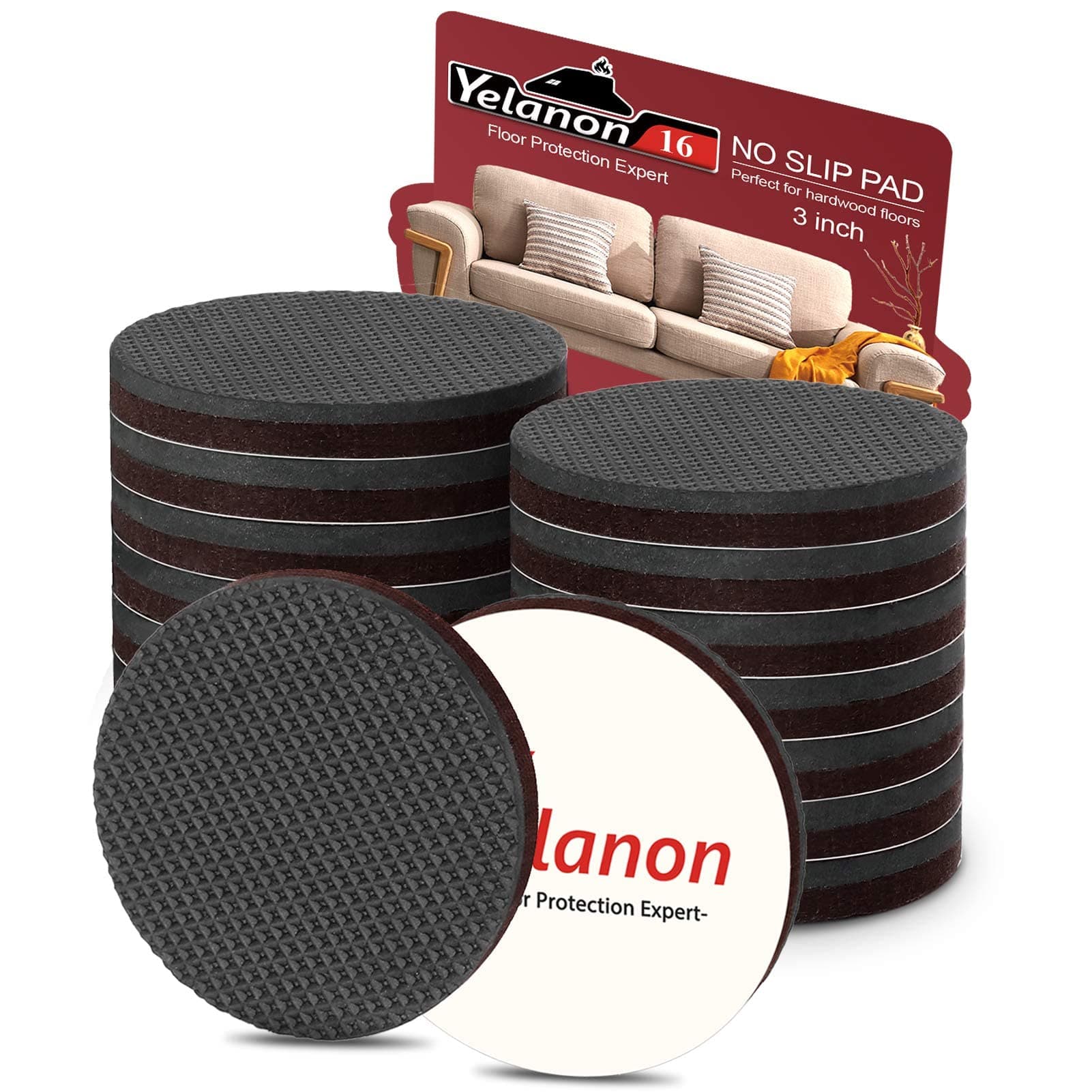 Yelanon Non Slip Furniture Pads -16pcs 75mm Furniture Grippers, Non Skid for Furniture Legs,Self Adhesive Rubber Furniture Feet,Anti Slide Furniture Hardwood Floors Protectors for Keep Couch Stoppers