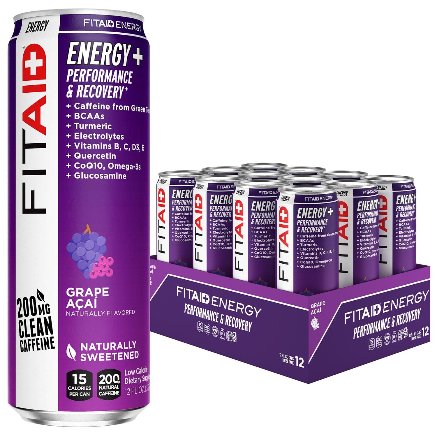 LIFEAID FITAID Energy Grape AÇAI, 200mg Natural Caffeine, Keto, Pre-Workout Performance: BCAAs, Quercetin, Electrolytes, Omega-3s, 15 Calories, Paleo, Vegan & Gluten-Free, 12-oz (Pack of 12)