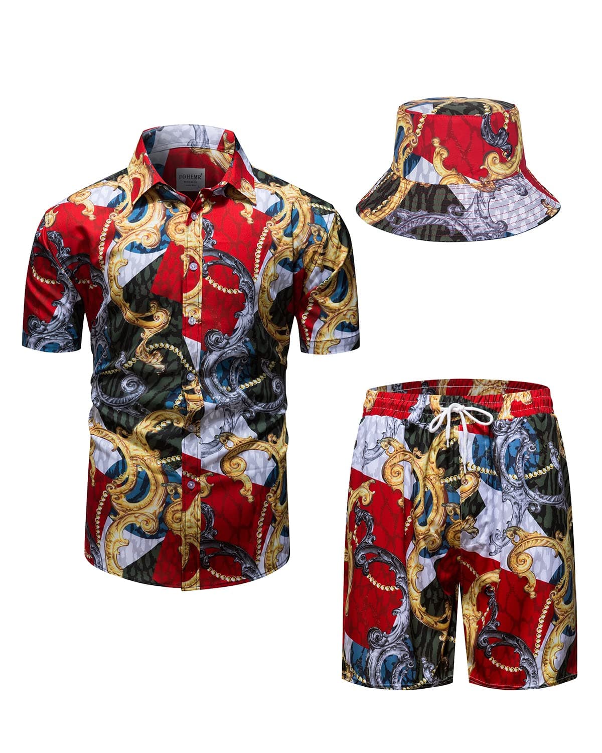fohemrMens Luxury Shirt and Short Set Outfit Baroque 2 Piece Black Gold Chain Print Casual Button Down Hawaiian Shirt Suits with Bucket Hat