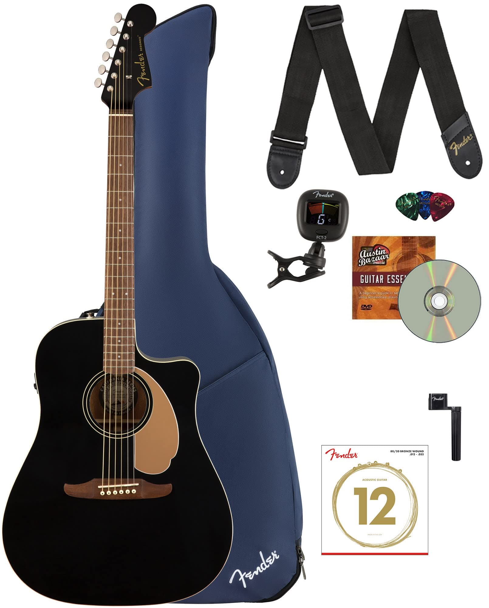 Fender Redondo Player Acoustic Electric Guitar Bundle with Midnight Blue Gig Bag, Strap, Clip-on Tuner, Strings, String Winder, Picks, and Austin Bazaar Instructional DVD - Jetty Black