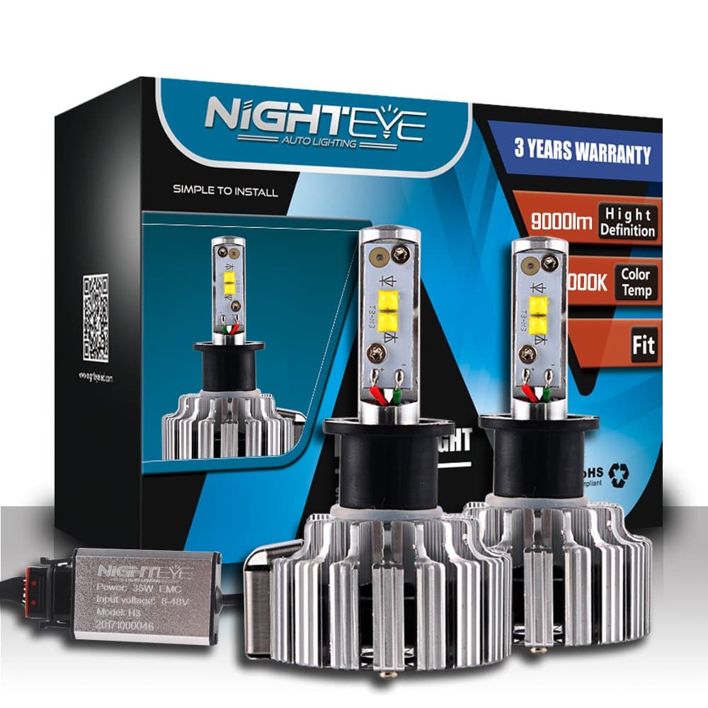 NIGHTEYE Automotive LED Headlight Bulbs - H3 70W 9000LM/Set 6000K Cool White - 3 Yr Manufacture Warranty