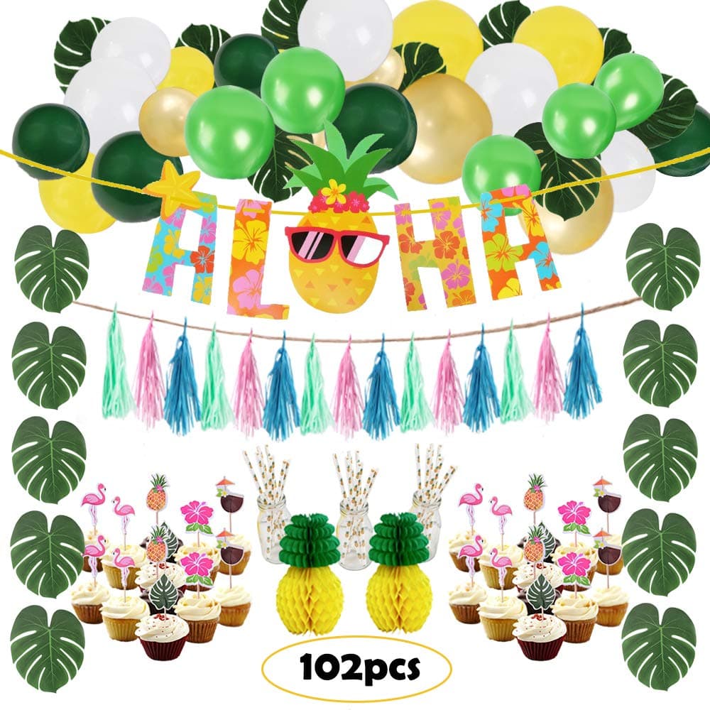 102 Pcs Aloha Party Supplies,Hawaiian Party Decorations, Party Decorations,Tropical Party Decorations,Aloha Party Decorations,Pineapple Party Decorations,Hawaiian Party,Hawaiian Party Supplies,Tropical Party,Aloha Party,Balloons,Cupcake Toppers,Tropical Palm Leaves and Tassels