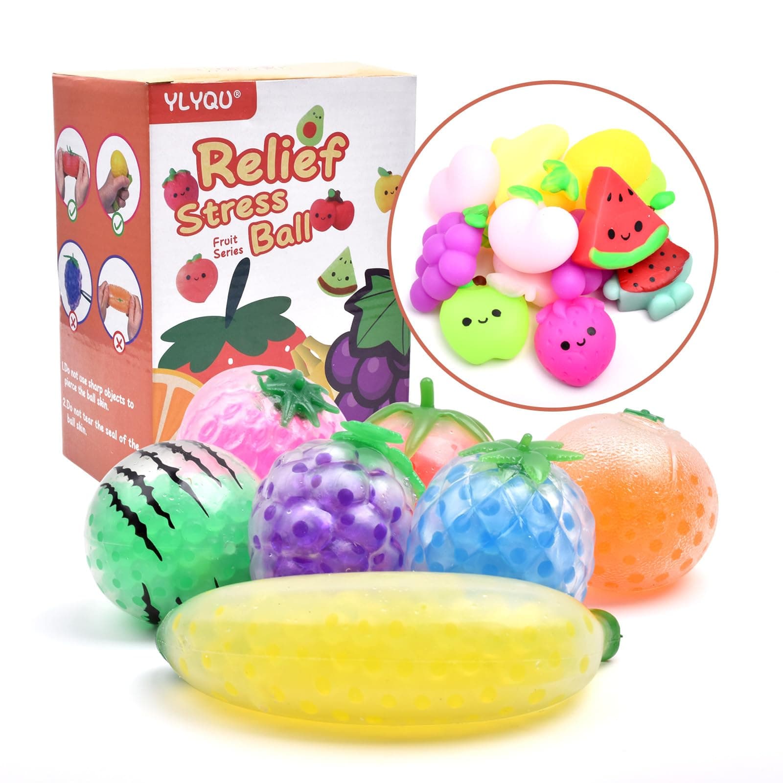 Fruit Balls Filled Squeeze Stress Balls Fruit Stress Mini Ball Toy - Promote Stress Relief, Calm Focus - Adults(7 Fruits Stress Ball +12 Random Fruits Mochi)