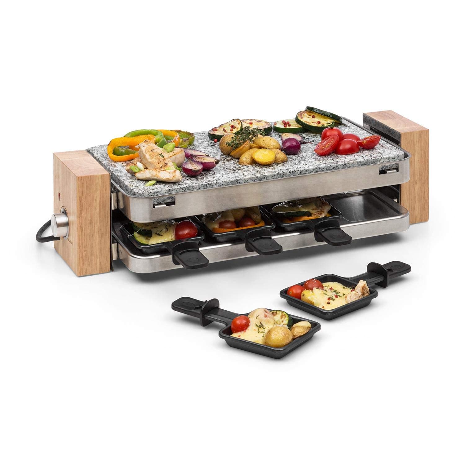 Klarstein Prime-Rib raclette with Natural Stone - raclette Grill, Party Grill, 2-in-1 Device, 8 Persons, 1500 Watt, Thermostat, Stainless Steel housing, incl. Accessories, Black