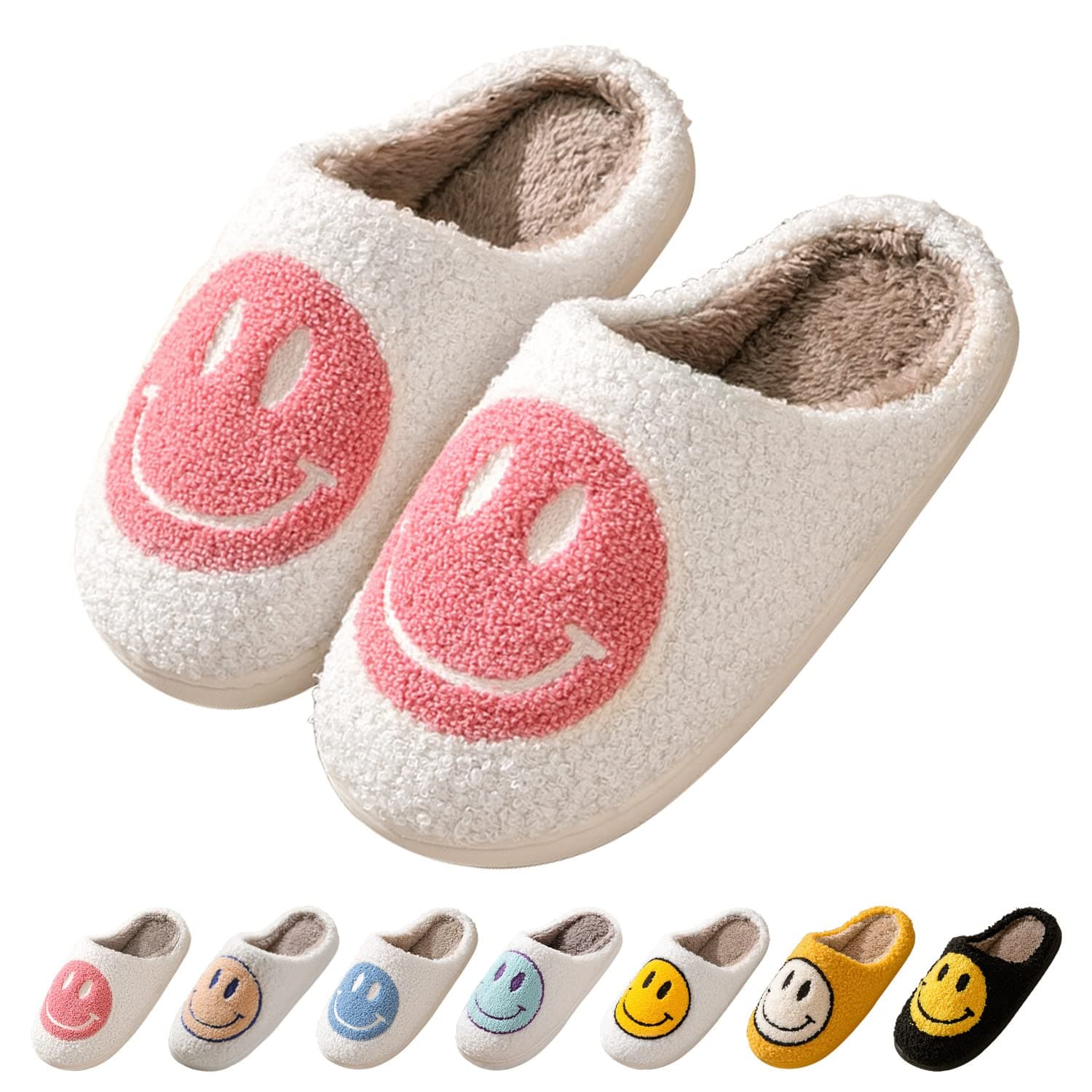 CoundymerSmile Face Slippers for Women Happy face slippers Retro Soft Plush Warm Slip-on Slippers, Cozy Indoor Outdoor Slippers