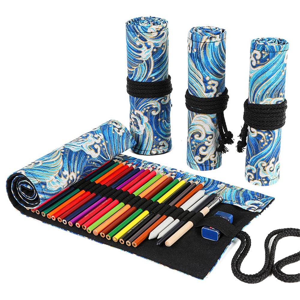 DIYOMR 24/36/72 Slots Pencil Wrap Pencil Rolls, Artist Colored Pencils Roll Up Bag Short Brushes Pouch Case Pencils Organizer for Drawing Coloring and Sketching (Blue Ocean, 72slots)