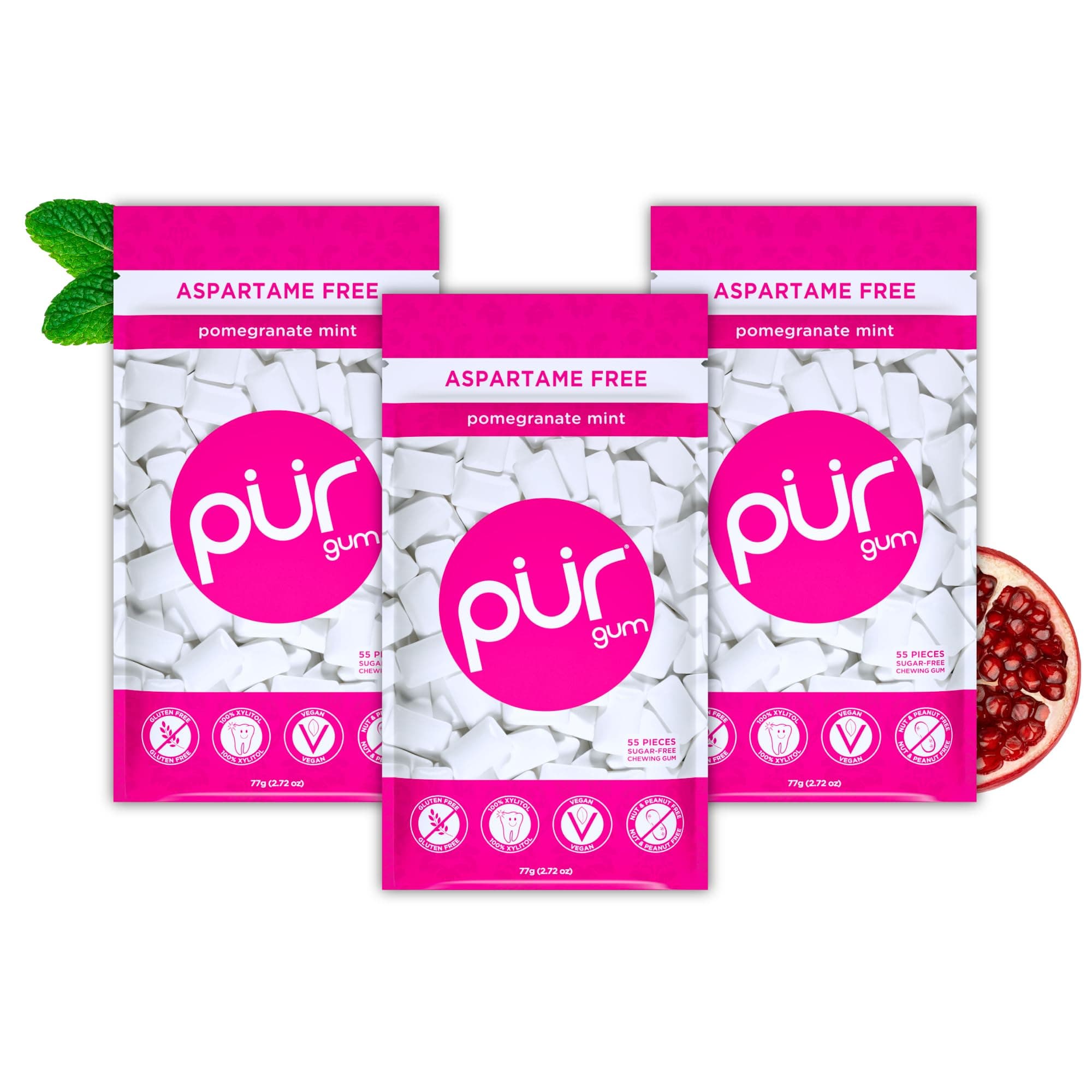 PUR Gum | Sugar Free Chewing Gum | Made with Xylitol | Vegan, Aspartame Free, Gluten Free and Keto Friendly | Natural Pomegranate Mint Flavoured Gum, 55 Pieces (Pack of 3)