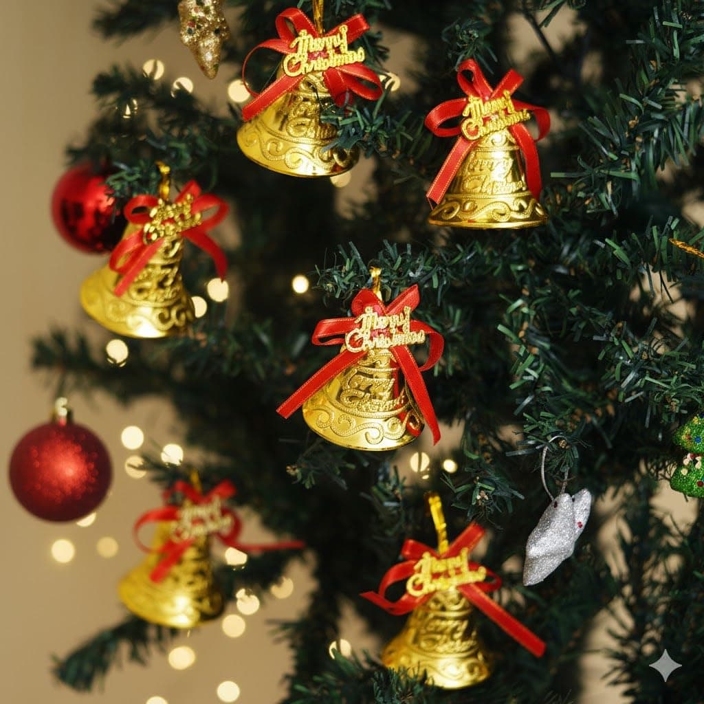 eCraftIndia Merry Christmas Bells (Set of 6) Golden Jingle Bells with Red Ribbon | Christmas Tree Decoration Items | Xmas Gifts Ornaments Props Decorations for Home Church