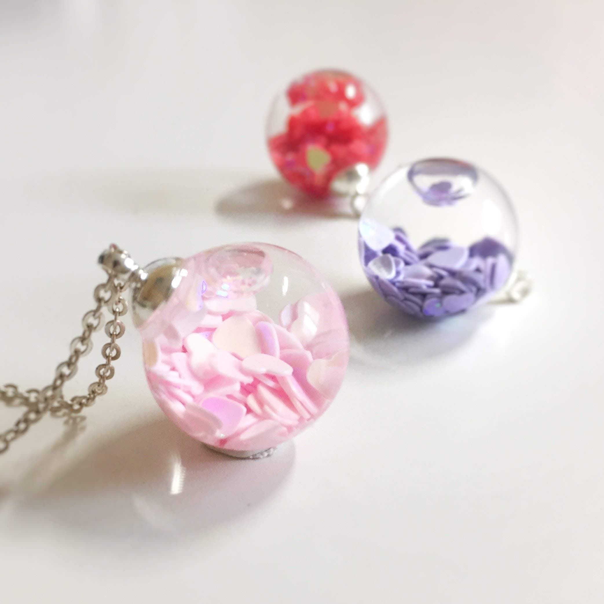 Glass Ball Necklace, Snow Globe, Crystal ball, Water Inside, Terrarium, Red, Purple, Pink Little Heart, Snow Globe, wish, Friendship, bless