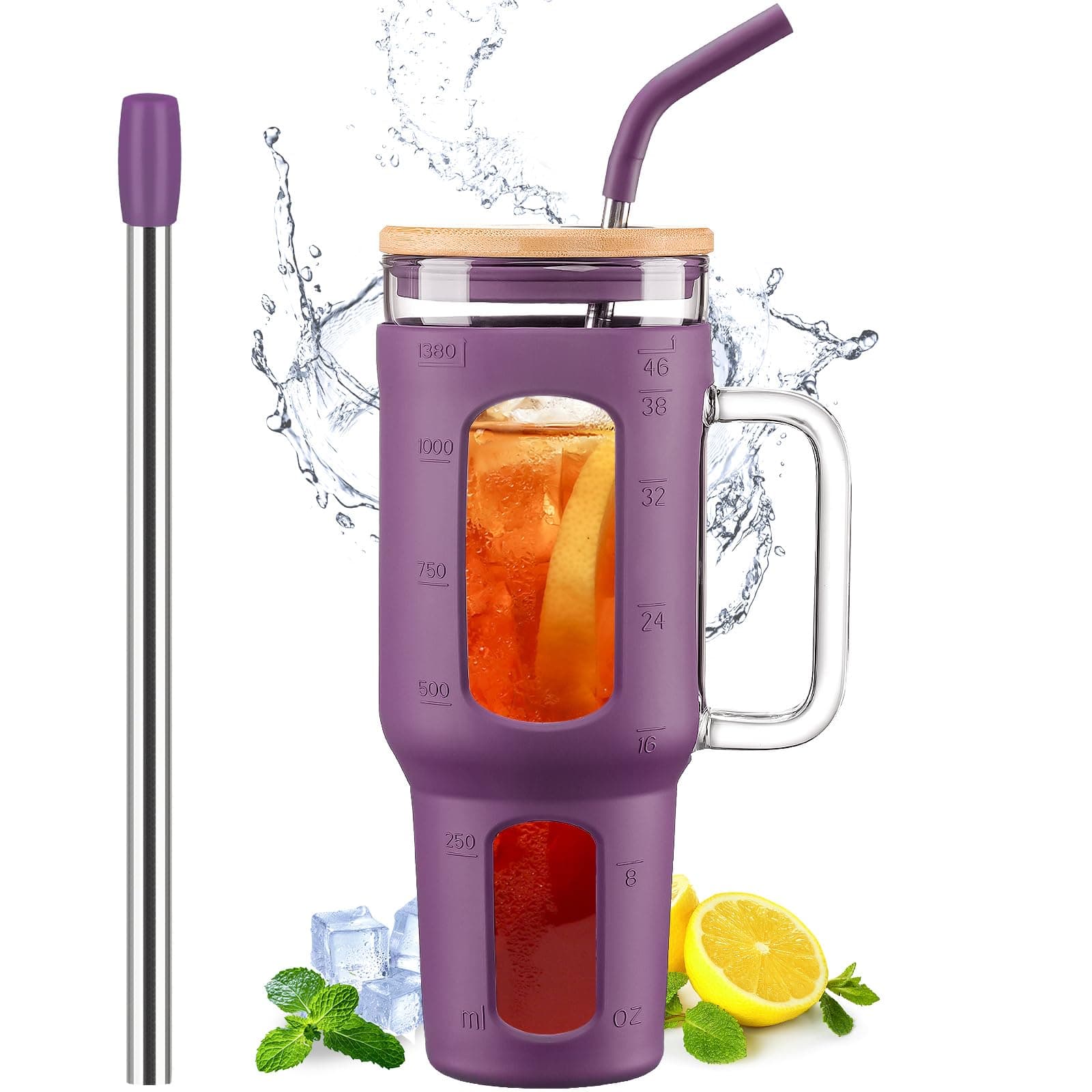 Glass Tumbler with Lid and Straw, 46 oz Iced Coffee Cup with Handle, Glass Water Bottles with Silicone Sleeve, BPA Free-Dark Purple