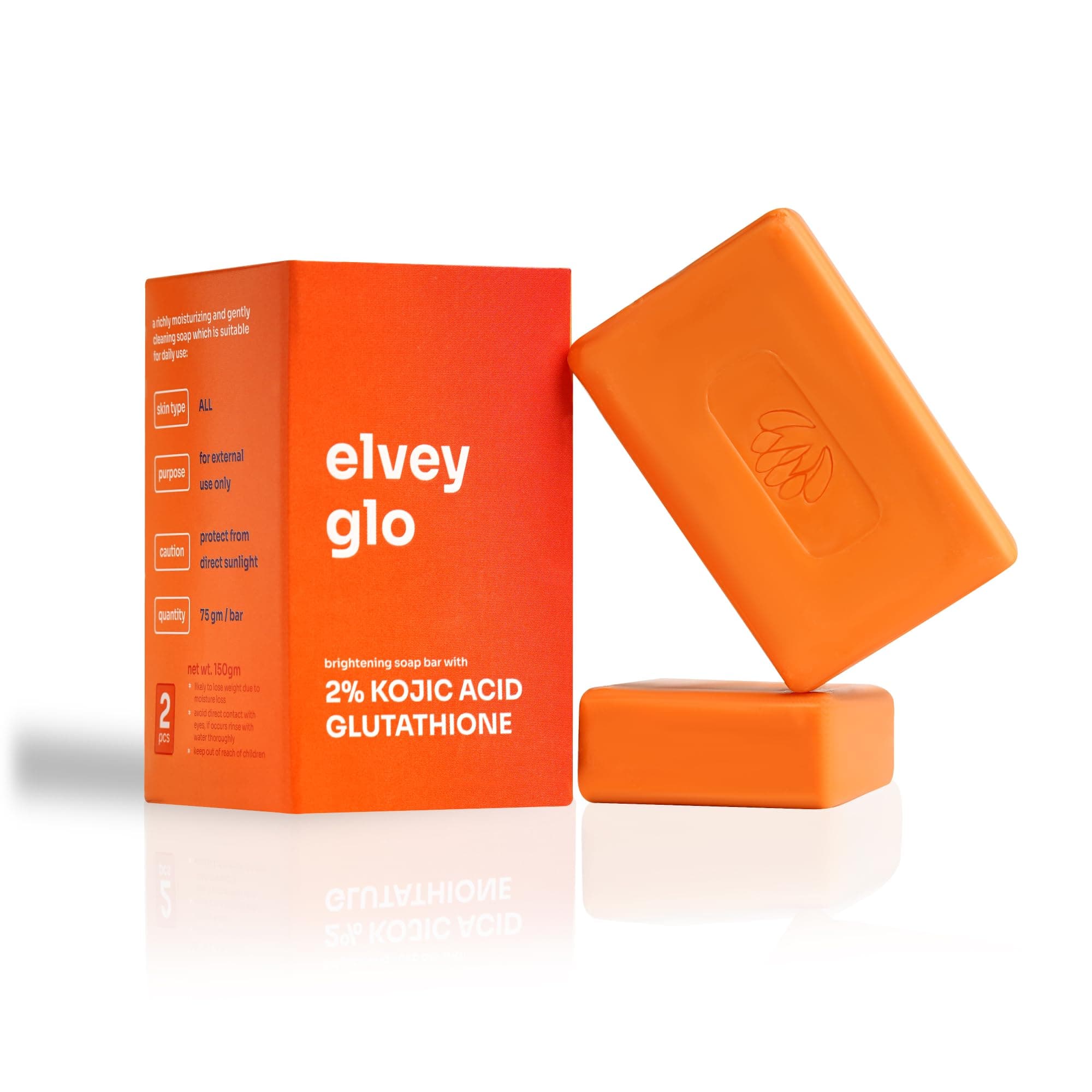 Elvey Essentials Glo Soap with 2% Kojic Acid (Pack of 2) | Glutathione & Arbutin for Skin Brightening, Tan Removal & Glow | 75 Gm/Soap