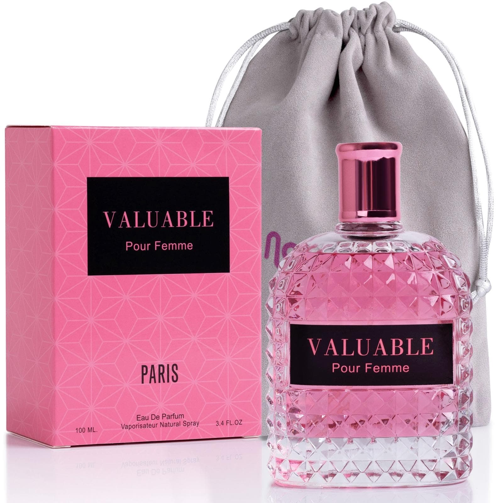 NovoGlow Valuable for Women - Dazzling Fragrance with Fruity, Floral, Spicy & Woody Accords - Base of Bourbon Vanilla, Guaiac Wood & Soft Cashmeran - Elegant 3.4 oz Spray Bottle with a Suede Pouch