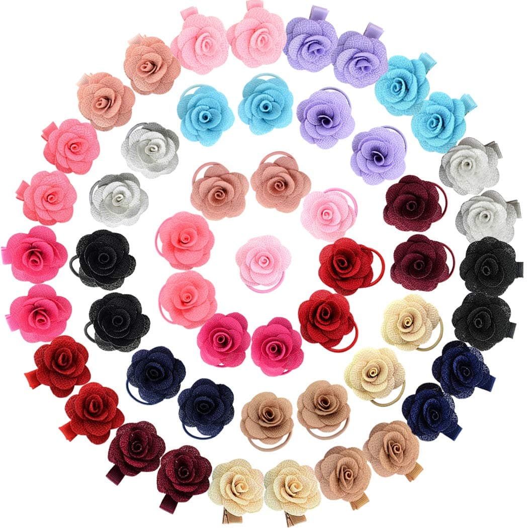 ALinmo 52Pcs Flower Hair Bow Clips and Hair Rubber Band Hair Ties Hair Accessories for Baby Girls Infants Toddler Kids