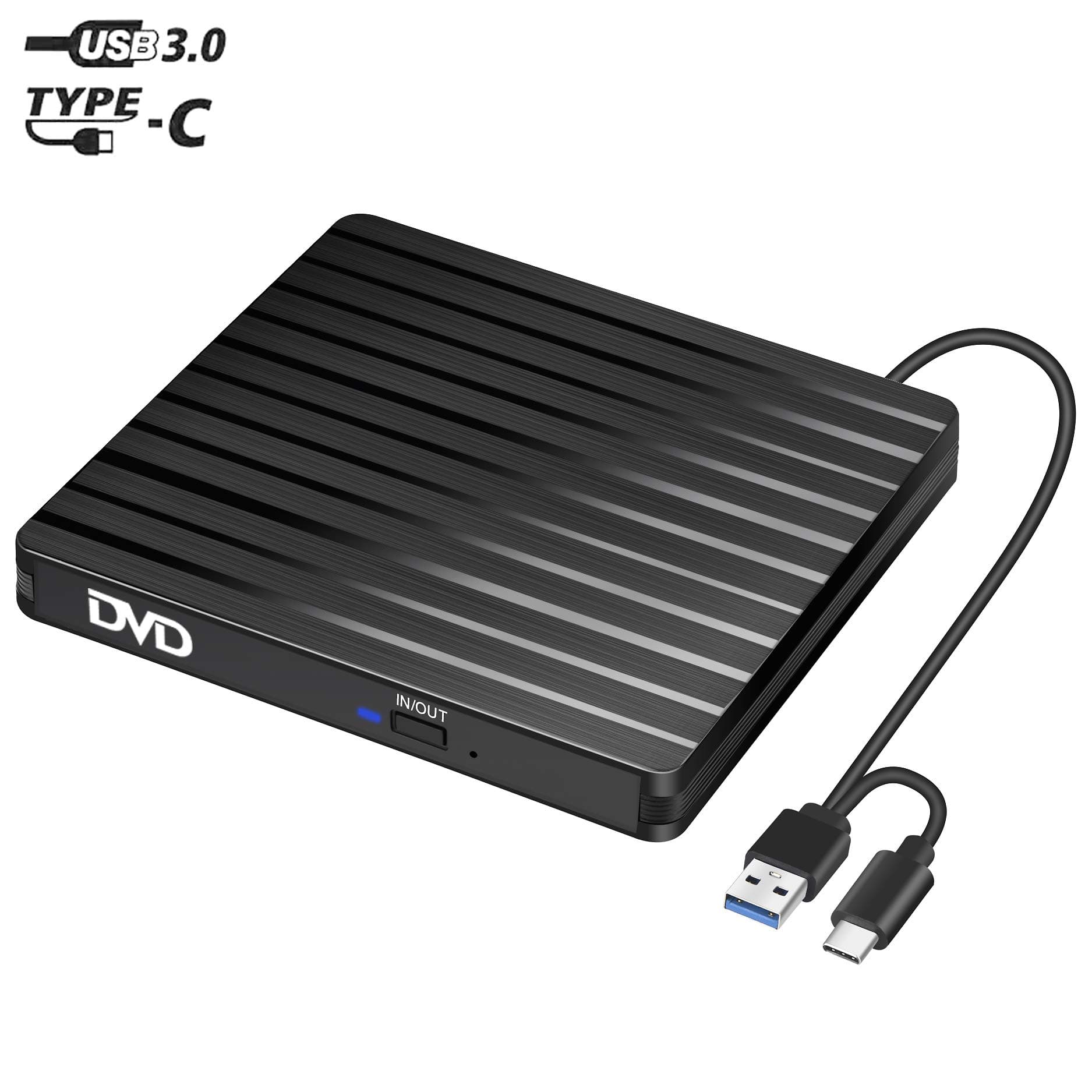 BEVA External CD DVD Drive, Type-C USB 3.0 Slim Portable CD/DVD-RW Burner Reader Low Noise High Speed Data Transfer Super drive for Laptop, Desktop, Mac, IOS, Windows 10/8/7 / XP/Linux