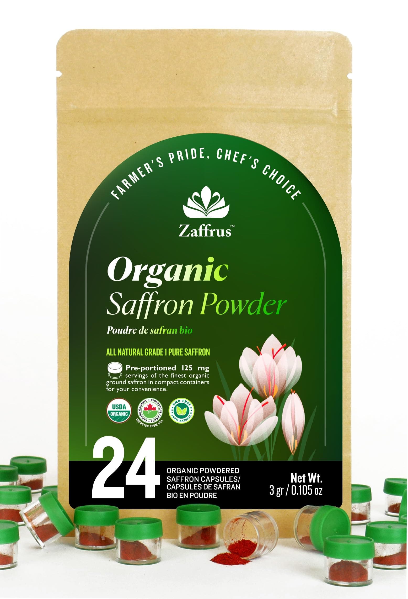 Zaffrus - Certified Organic Premium Saffron Powder for Cooking Saffron Rice, Paella, Risotto, Soup, Desserts & Herbal Teas. Pack of 24 (3 gram/ .105 Oz)