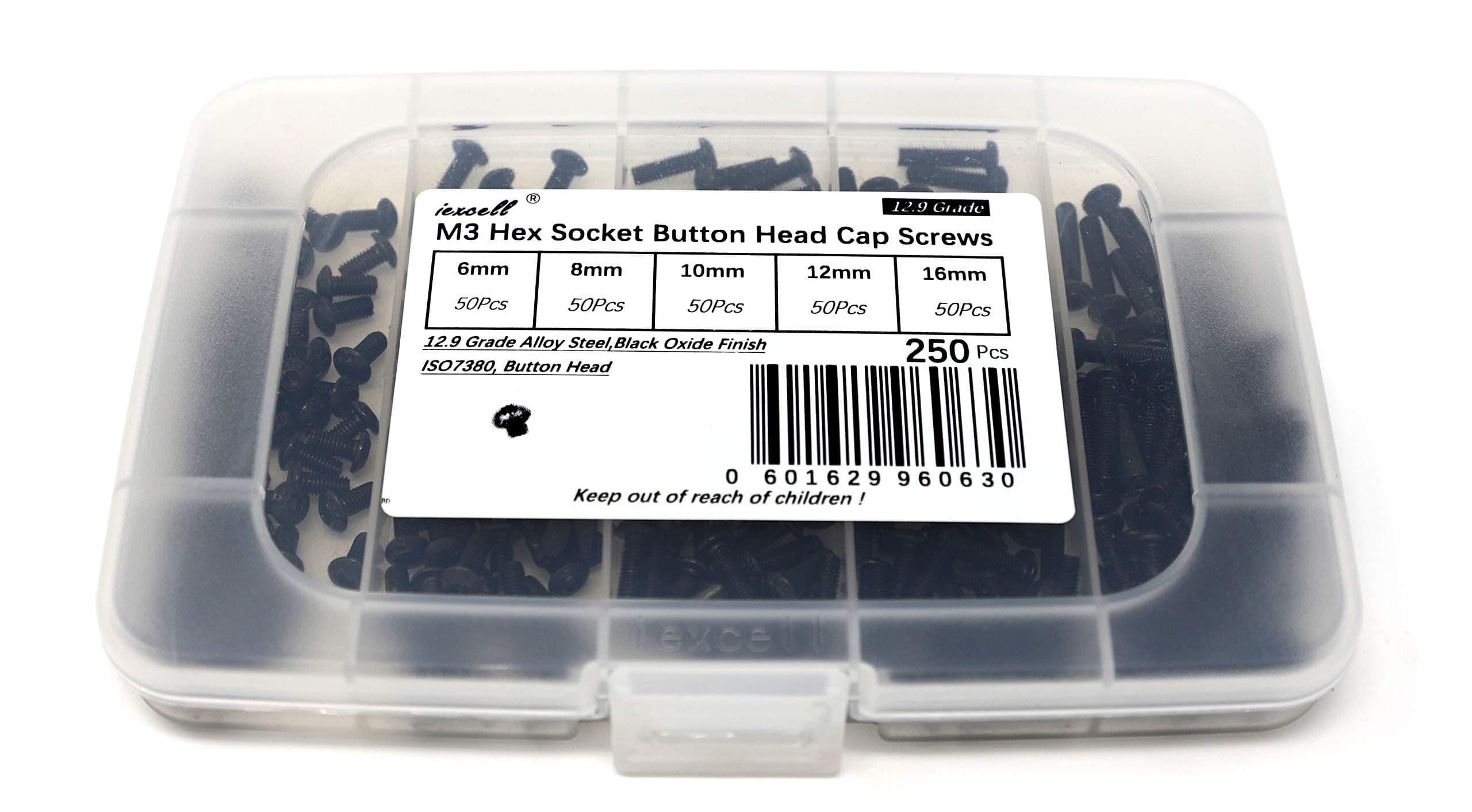 iExcell 250 Pcs M3 x 6mm/8mm/10mm/12mm/16mm 12.9 Grade High Tensile Alloy Steel Hex Socket Button Head Cap Screws Kit, Black Oxide Finish