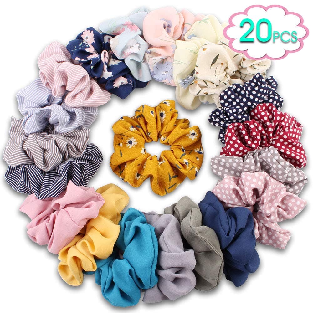 20 Colors JIARON Chiffon Hair Scrunchies for Women, Included 6 Colors Chiffon Flower Hair Scrunchies and 6 Solid Colors Chiffon Hair Ties, 4 Wave pointed and 4 striped hair bow chiffon ponytail holder.