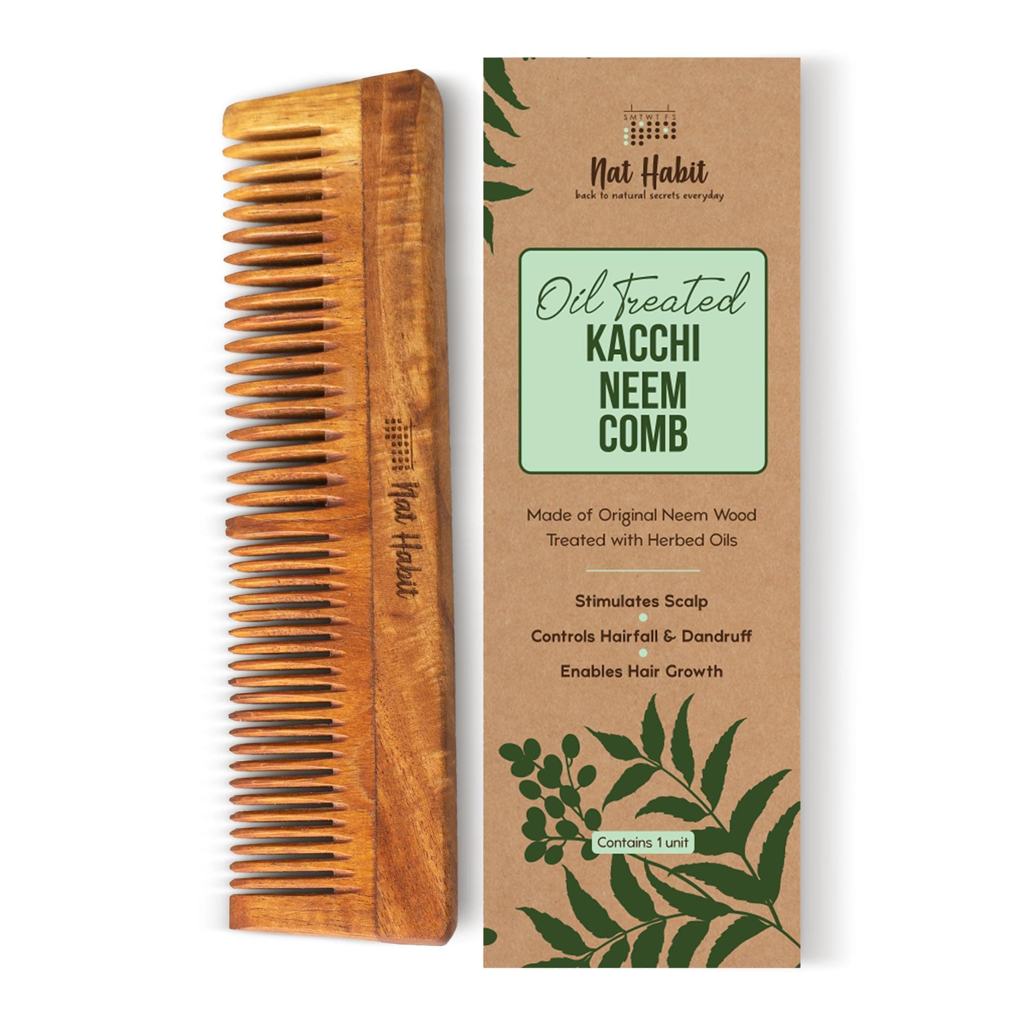 Nat Habit Kacchi Neem Wooden Comb, Soaked In 17 Herbs Neem & Sesame Oil For Multi-Actions - Detangling, Frizz Control & Shine,Suited For All Hair Types (Dual Tooth)
