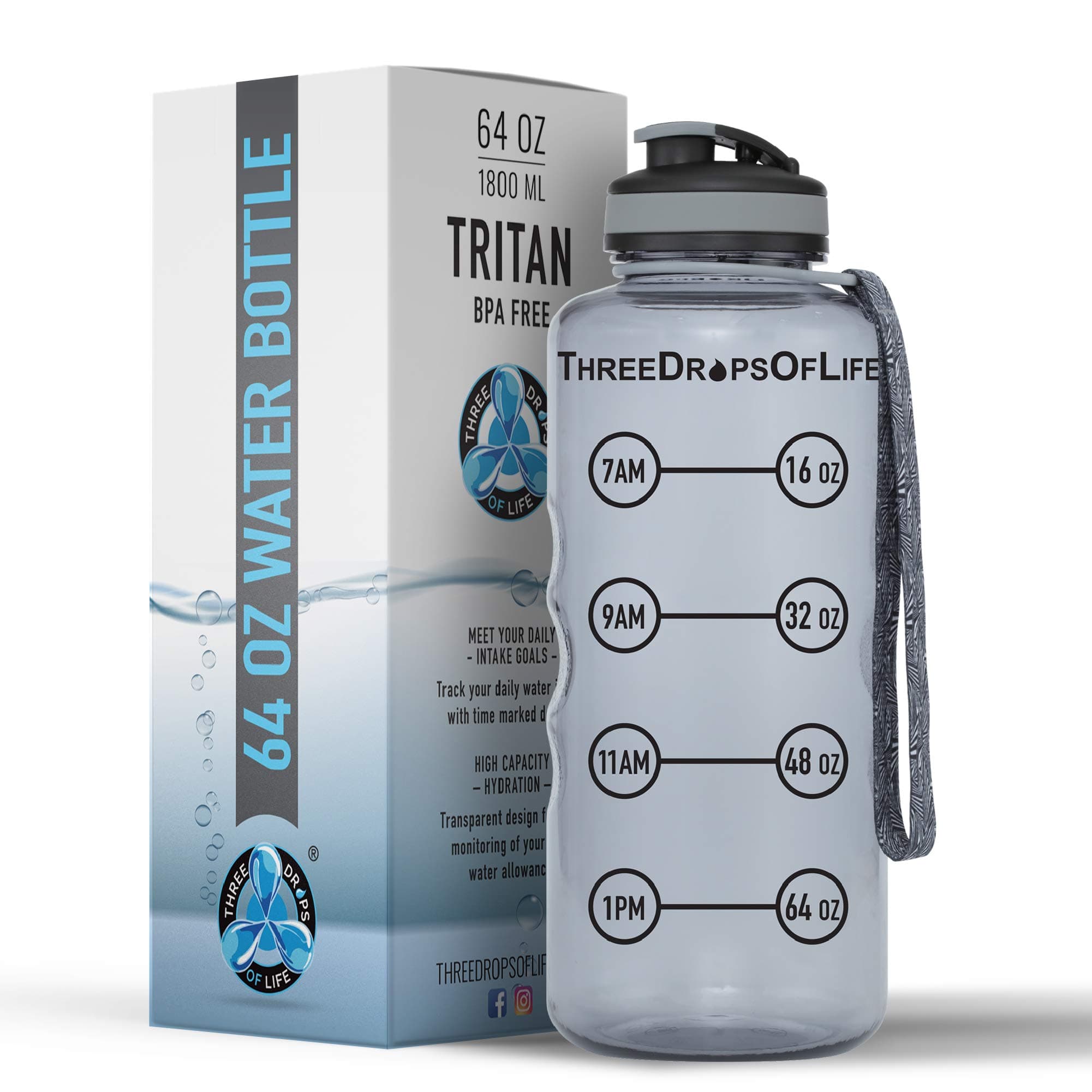 Three Drops of Life 64oz Tritan Plastic Water Bottle, Large, Smoke Gray, High Capacity Hydration Tracker, BPA Free, Reusable, Best for Indoor, Outdoor, Sports Use
