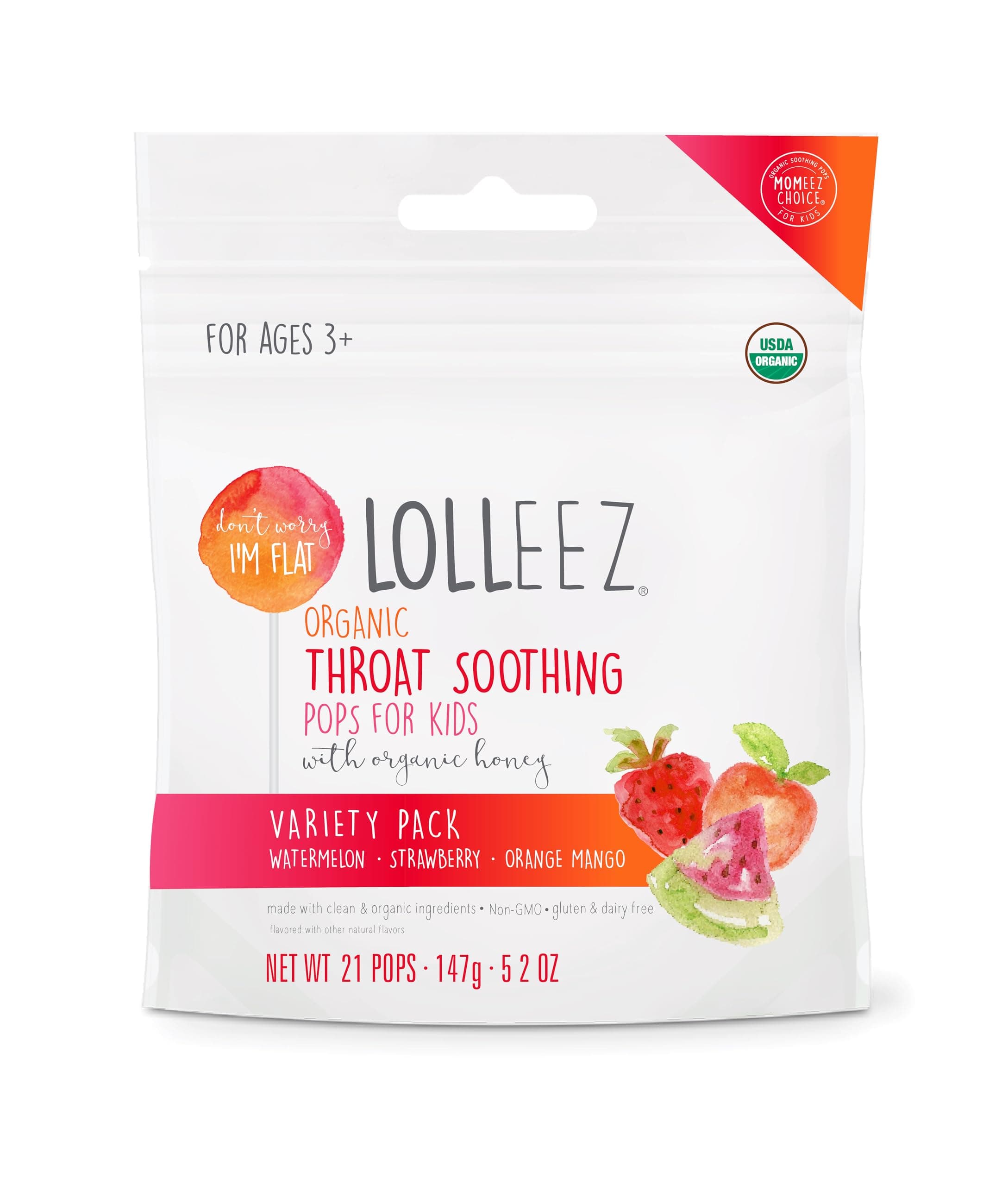 Lolleez Organic Lollipops for Sore Throat Relief – Variety Pack Perfect for Soothing A Sore Throat While Tasting Great– Strawberry, Watermelon & Orange Mango, 21- Count