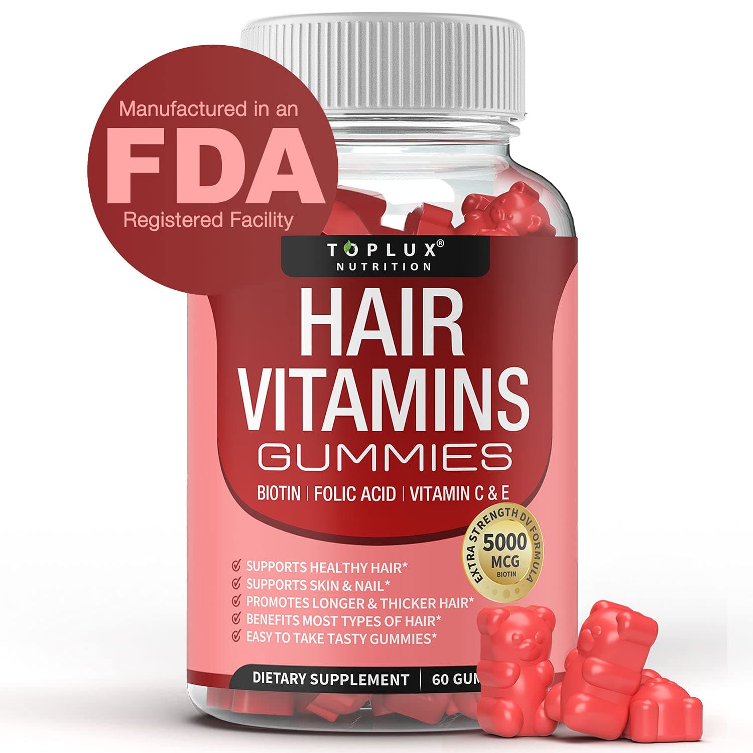 Hair Vitamin Gummies Supplement for Women & Men – Hair Growth Vitamins 5000mcg Biotin Gummies, Folic Acid, Vitamin C & E, Support Stronger & Thicker Hair, Skin, Nails, Non-GMO Vegam for, 60 Count