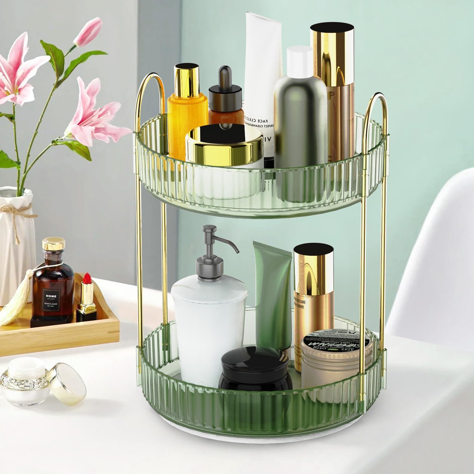 360 Rotating Makeup Organizer for Vanity - Spinning Bathroom Organizer Countertop, Large Storage Cosmetic Display Tray, Make Up Counter Shelf for Perfumes, Skincare Lotions (2 Tiers, Green)