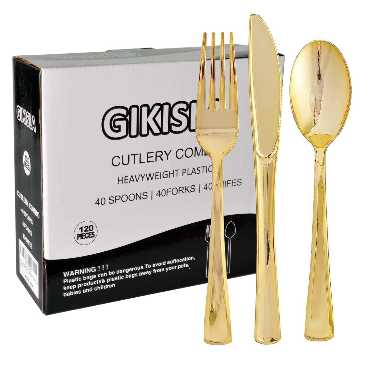 120 Pack Gold Plastic Cutlery Set, Including 40 Forks, 40 Knives, 40 Spoons, Reusable Heavy Duty Plastic Silverware Set for Christmas Weddings, Birthday, Parties, Dinners