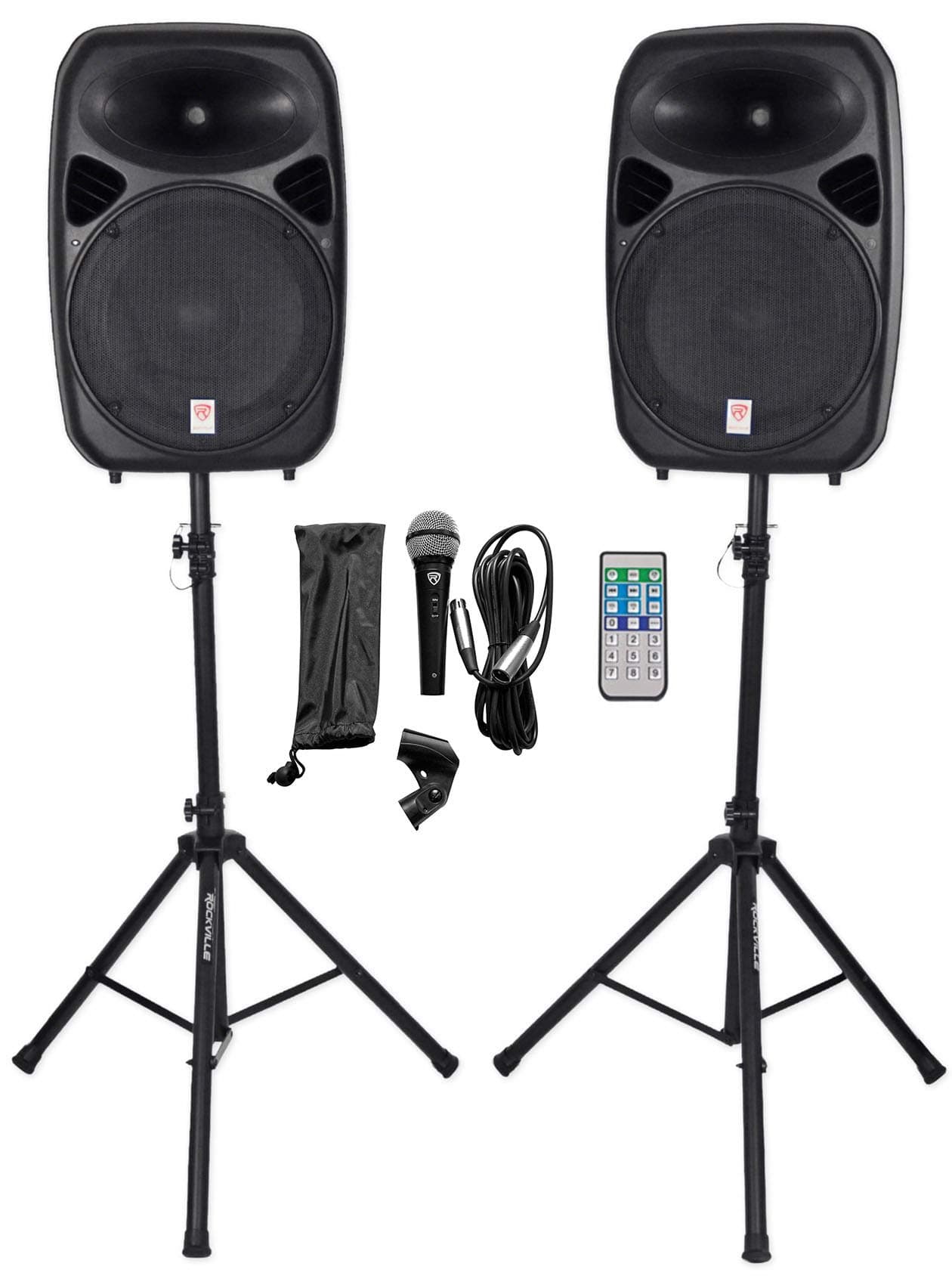 RPG152K Pair 15" Powered DJ/PA Speakers with Bluetooth/USB/SD, (2) Rugged Tripod Speaker Stands, Wired Microphone, Connection Cables