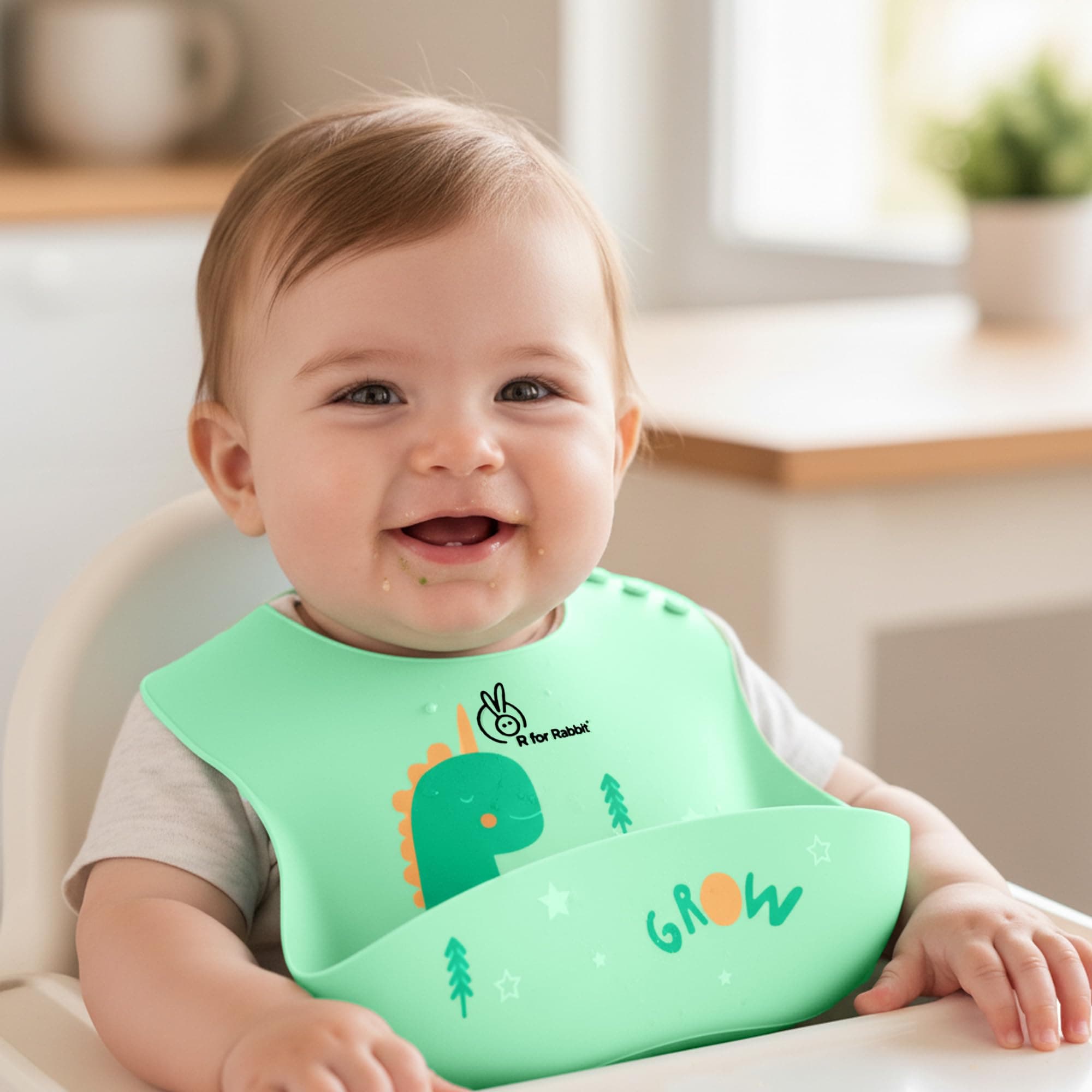 - R for Rabbit Safari Silicone Bib for Baby Food Feeding BPA Free, Baby Apron Adjustable Straps With Food Pocket, Mess Free, Waterproof, Washable & Reusable Ideal for Babies 6 to 36 Months (Sea Green)