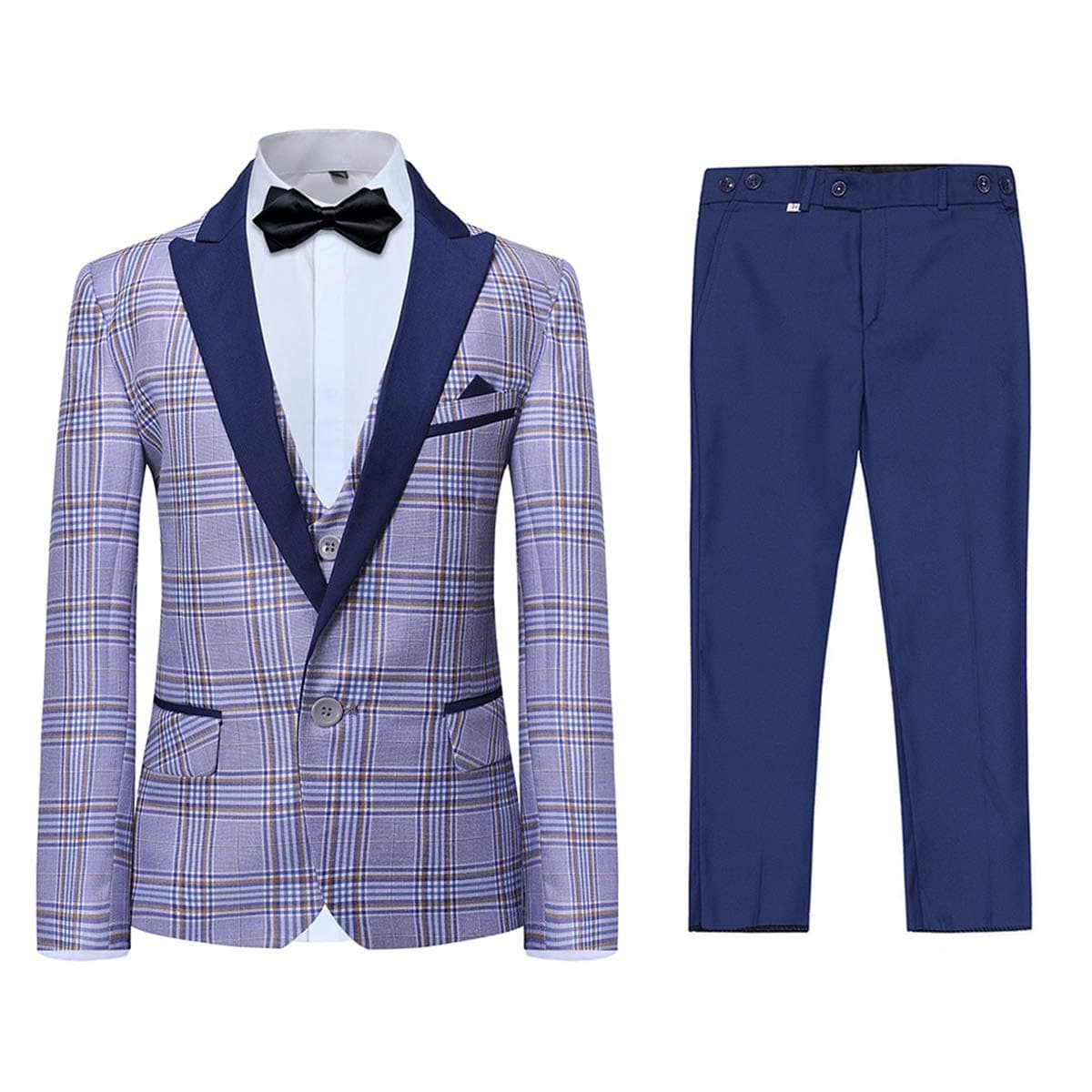 BoylandBoys 3 Pieces Tuxedo Suit Set Plaid Slim Fit Blue Peak Lapel Jacket Tux Vest Blue Pants Party Wedding