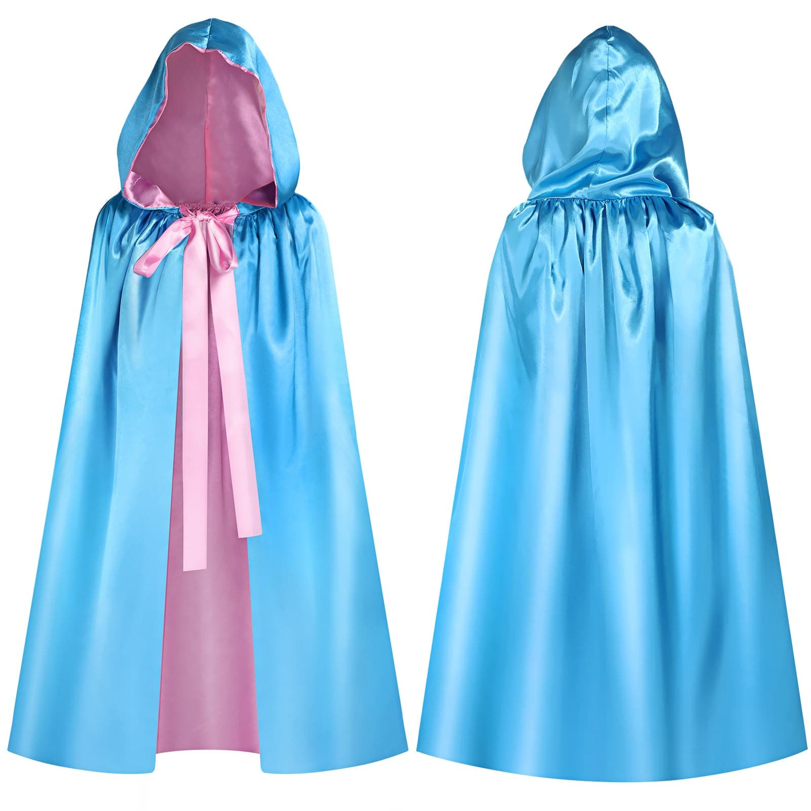 Haysandy Blue Fairy Hooded Cloak Costume, Polyester Cape Cosplay Cloak Princess Costume with Pink Ribbon for Women Girls