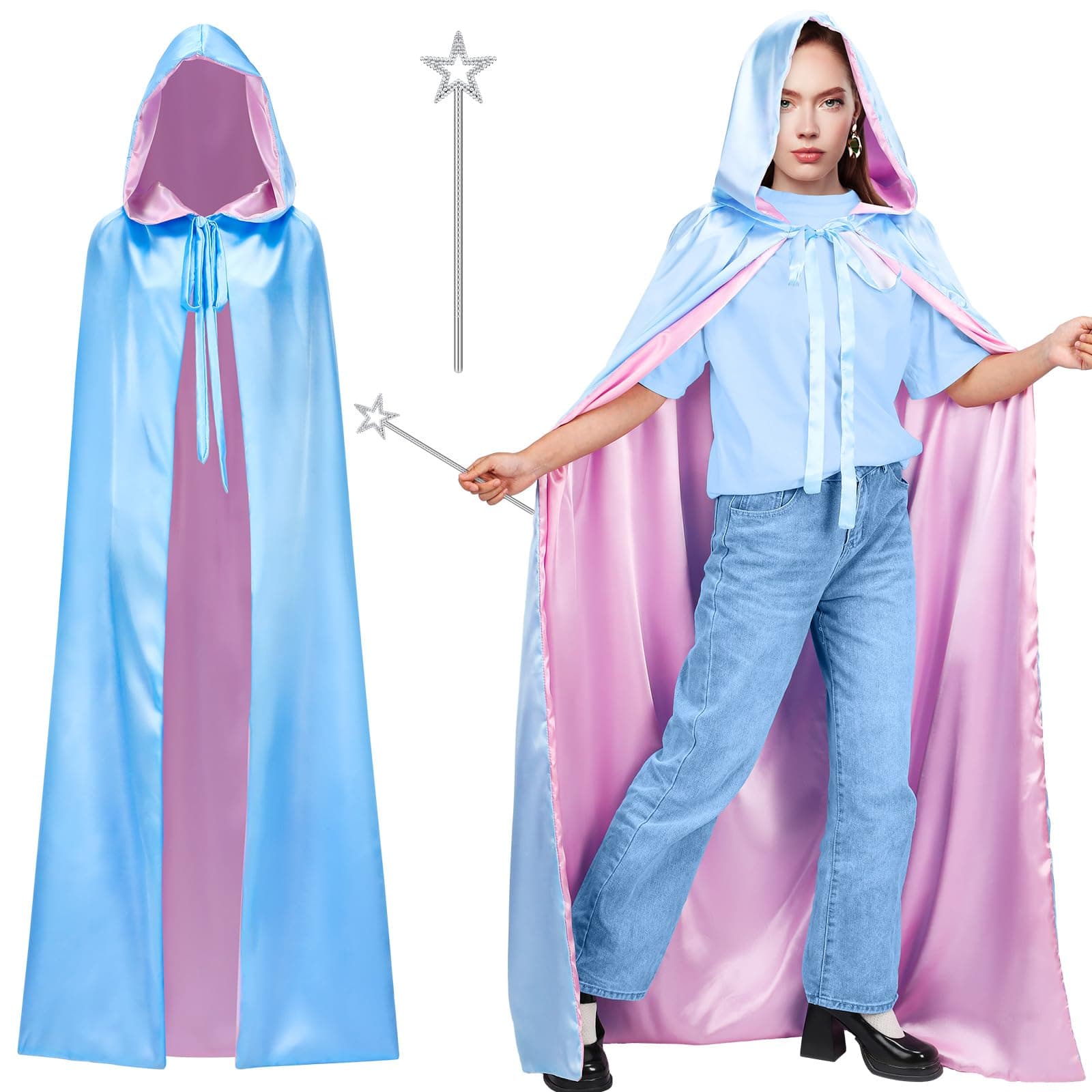 Velmitten 3 Pcs Halloween Light Blue Hooded Cape Cloak with Star Wand Stick and Pink Bow Tie for Party Fairy Cosplay Costume